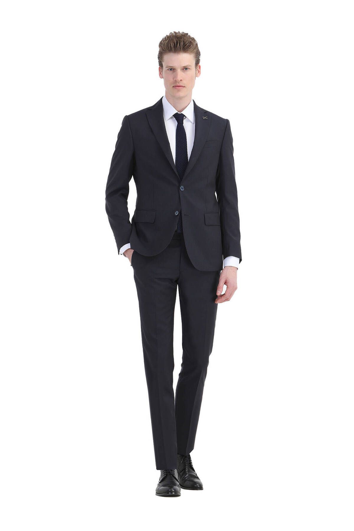 Ramsey Lacivert Çizgili Modern Fit %100 Yün Takım Elbise