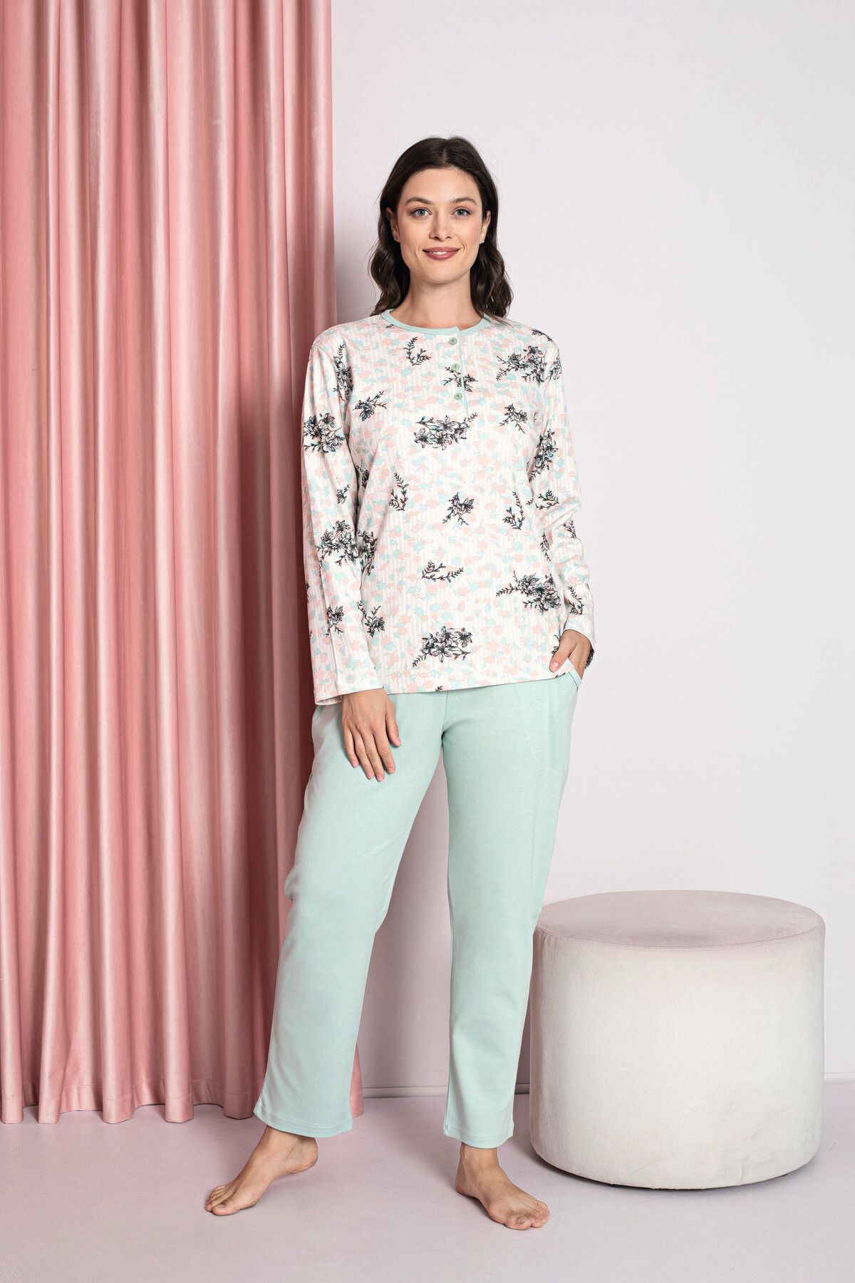 AHENGİM Kadın Pijama Takımı Anne Interlok Üç Düğmeli Üst Çiçek Desen Pamuklu Mevsimlik W30032258