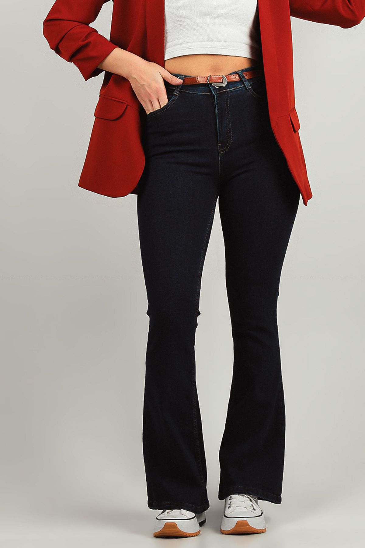 Julude Lacivert Kadın Yüksek Bel İspanyol Paça Likralı Jeans Pantolon
