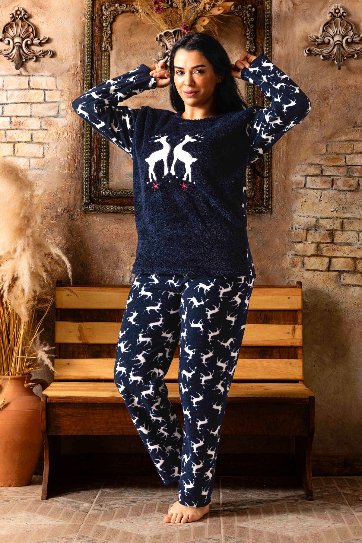Nisanca Yılbaşı Temalı Büyük Beden Kadın Polar Peluş Pijama Takımı