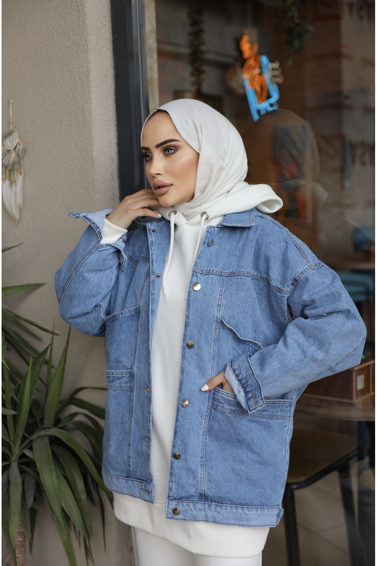 Modaluliwa Kadın Mavi Oversize Kot Ceket