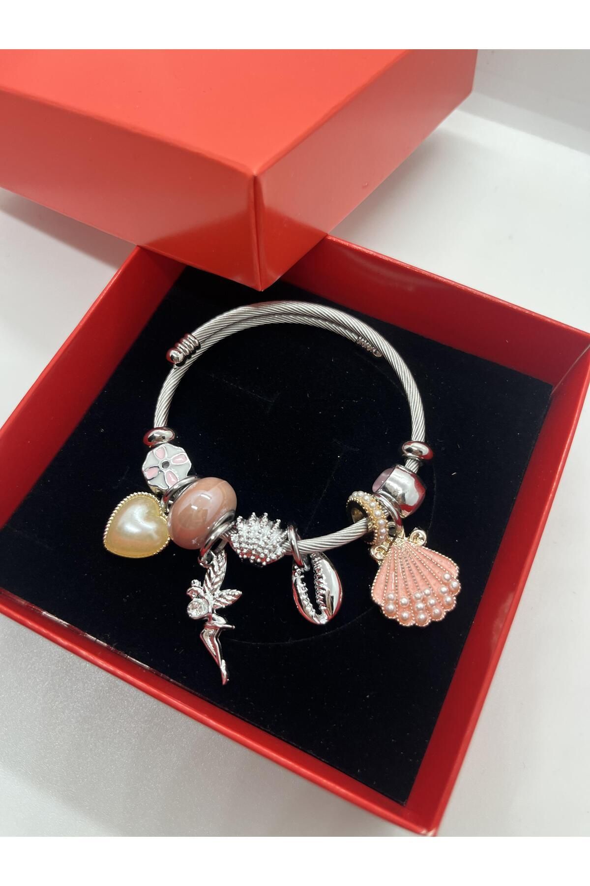 Bubu Accessories Kadın Gümüş(SİLVER) Renk Pandoraa Model Sarı Kalpli Pembe Deniz Kabuklu Charmlı Çelik Bileklik