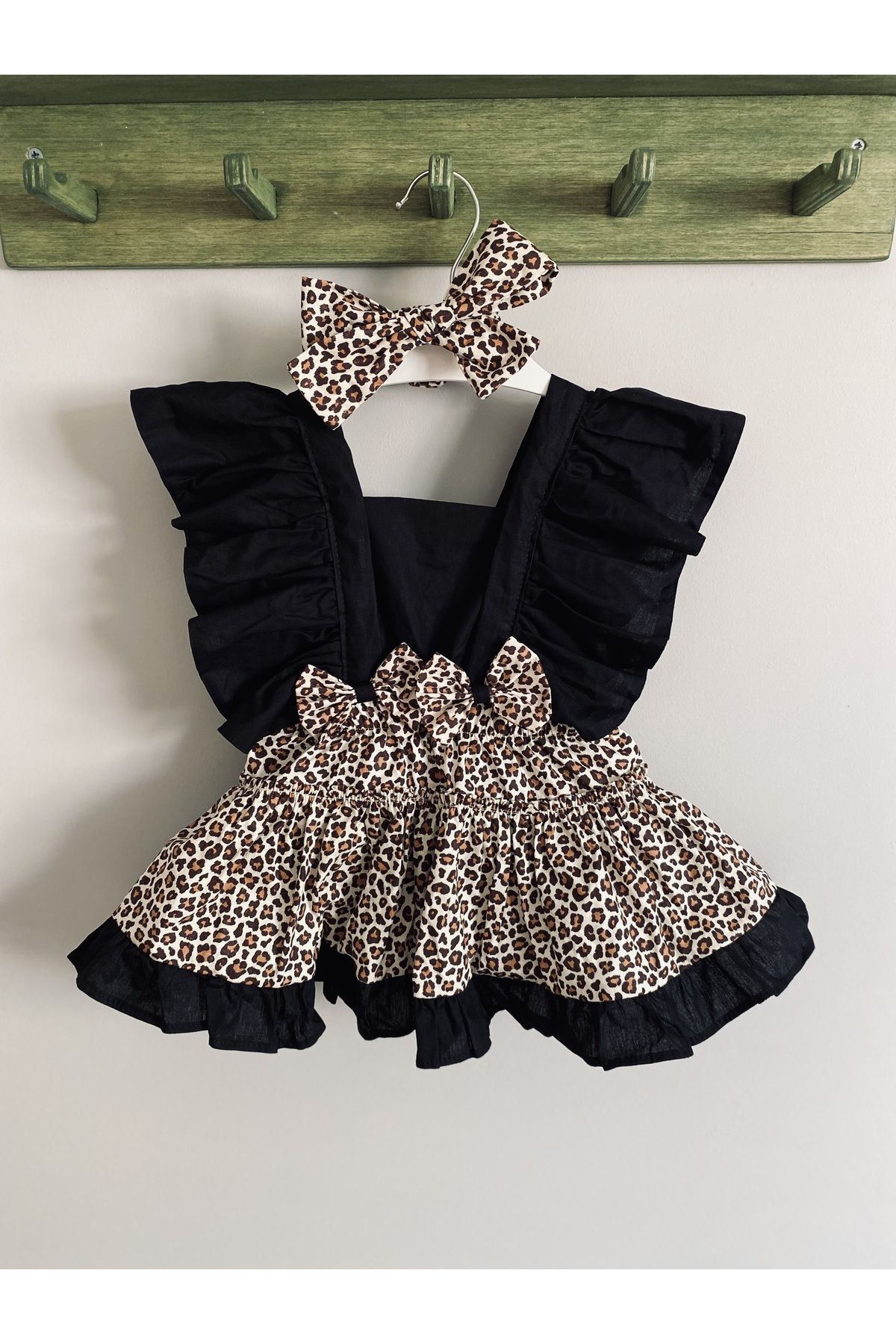 Mini Kids Baby Kız Bebek Leopar Desenli Elbise Salopet Bandana Set