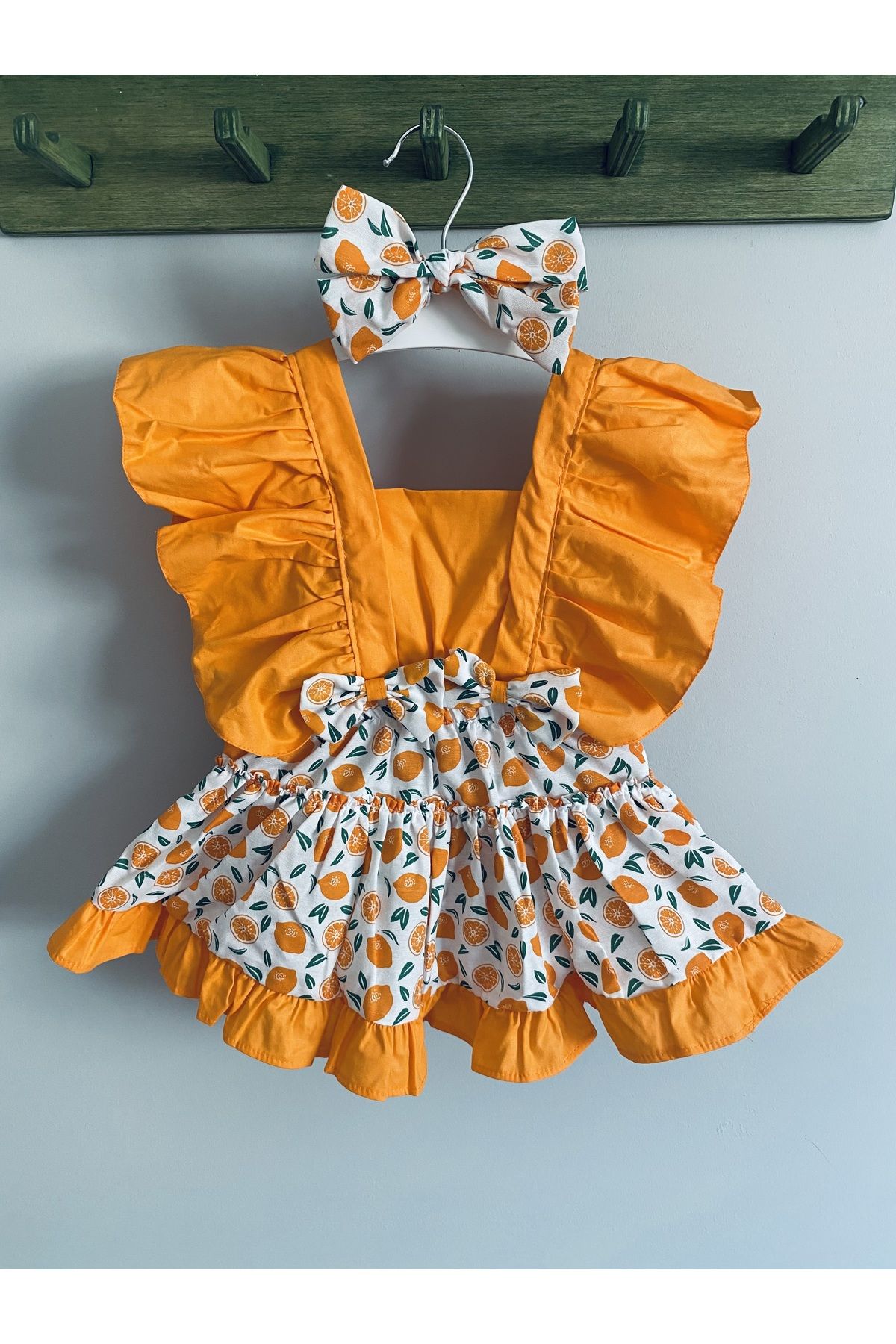 Mini Kids Baby Kız Bebek Turuncu Portakal Desenli Fırfırlı Salopet Elbise Bandana Set