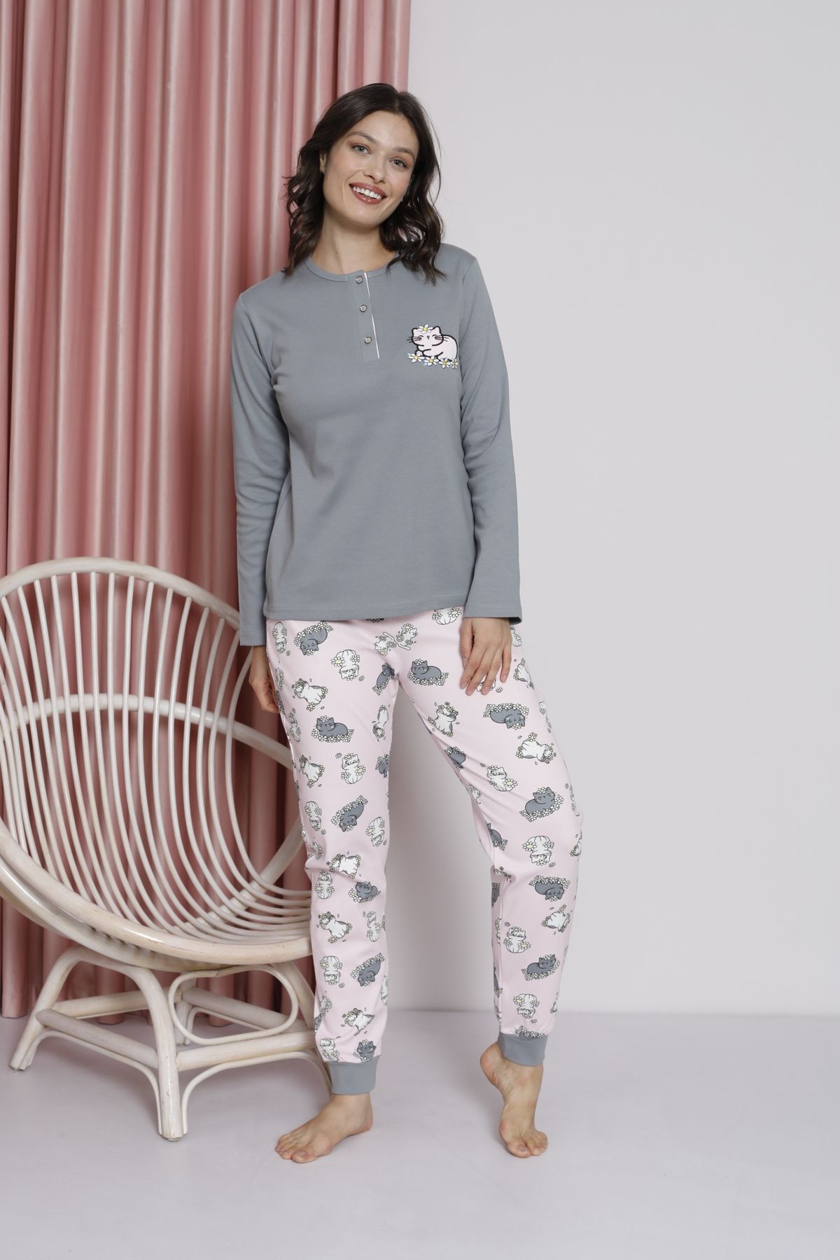 AHENGİM Kadın Pijama Takımı Genç Interlok Kedi Desenli Paça Ribanalı Pamuklu Mevsimlik W20492256