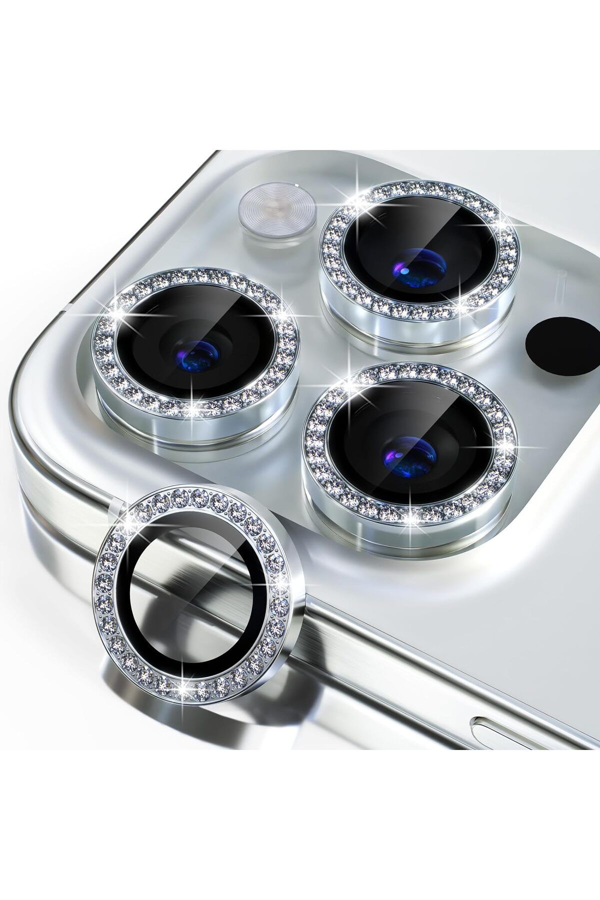 USIDE Iphone 15 Pro Max & Iphone 15 Pro Uyumlu 9H Kamera Koruyucu Cam Metal Çerçeve Taşlı Gümüş [3 lü set]