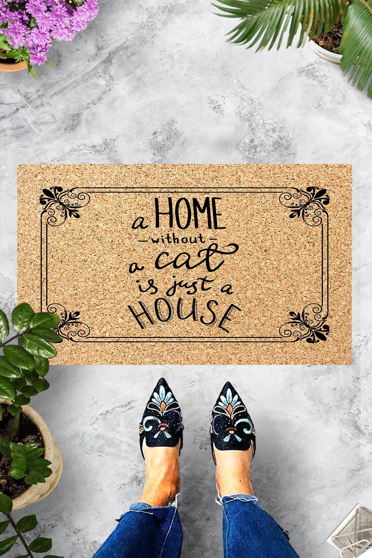 linazaitun Dijital Baskılı A home Without a Cat Is Just House Dekoratif Kapı Önü Paspası