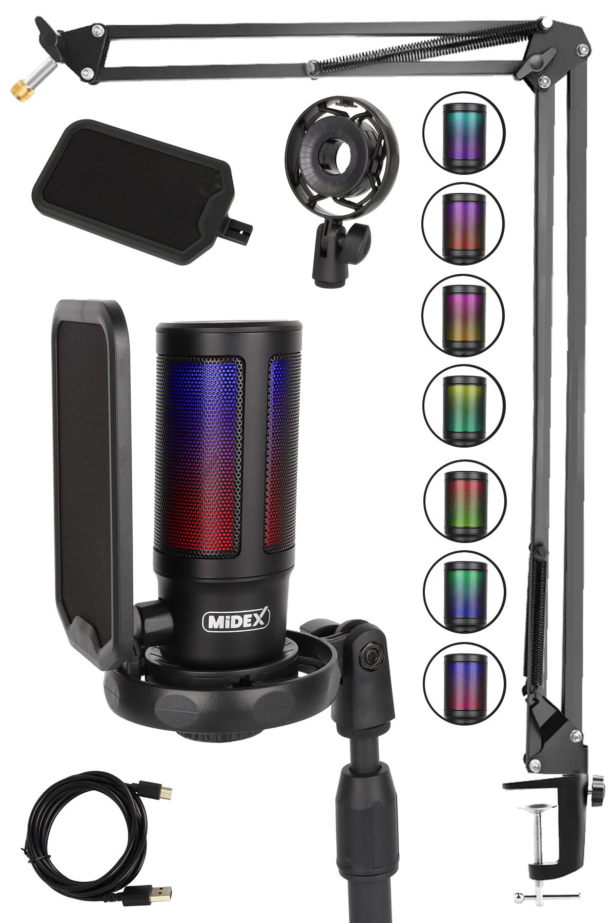 Midex V6 RGB Set USB Oyuncu ve Yayıncı Mikrofonu Condenser Stüdyo