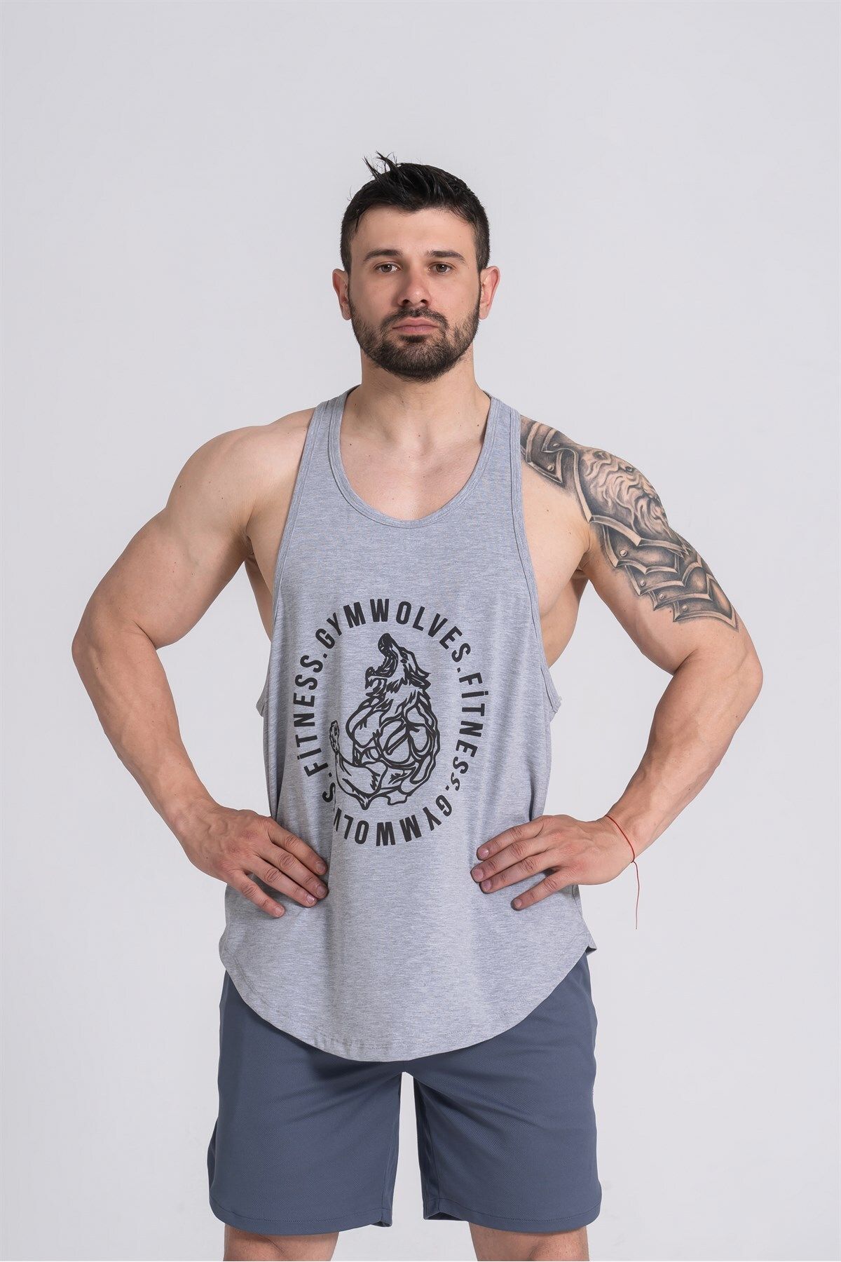 Gymwolves Erkek Spor Atleti | Stringer | Workout Tanktop | Gri | Wolf Serisi