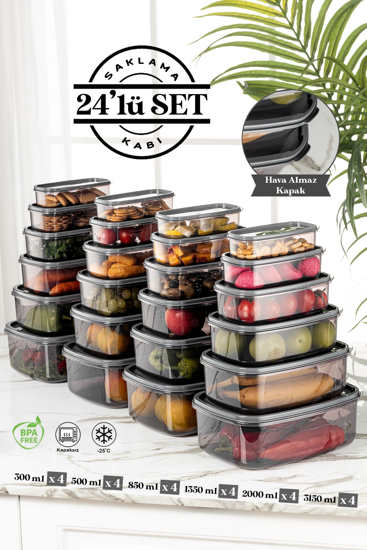 Meleni Home 24'lü Sweet Box Saklama Kabı Seti - Dikdörtgen Erzak Kabı Kavanoz 4x(300-500-850-1350-2000-3150 ml)