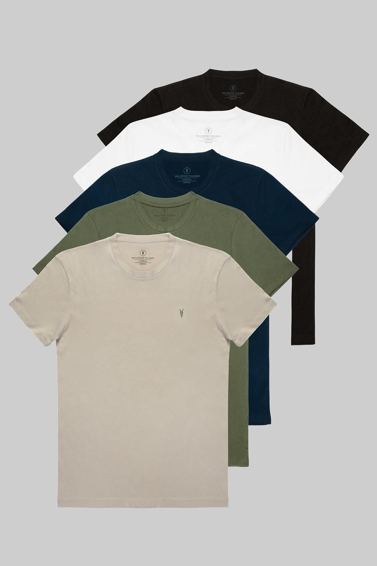 COMBİNE MİCHAİL Erkek Siyah Beyaz Haki Gri Lacivert %100 Pamuklu 5 Li T-shirt Paketi