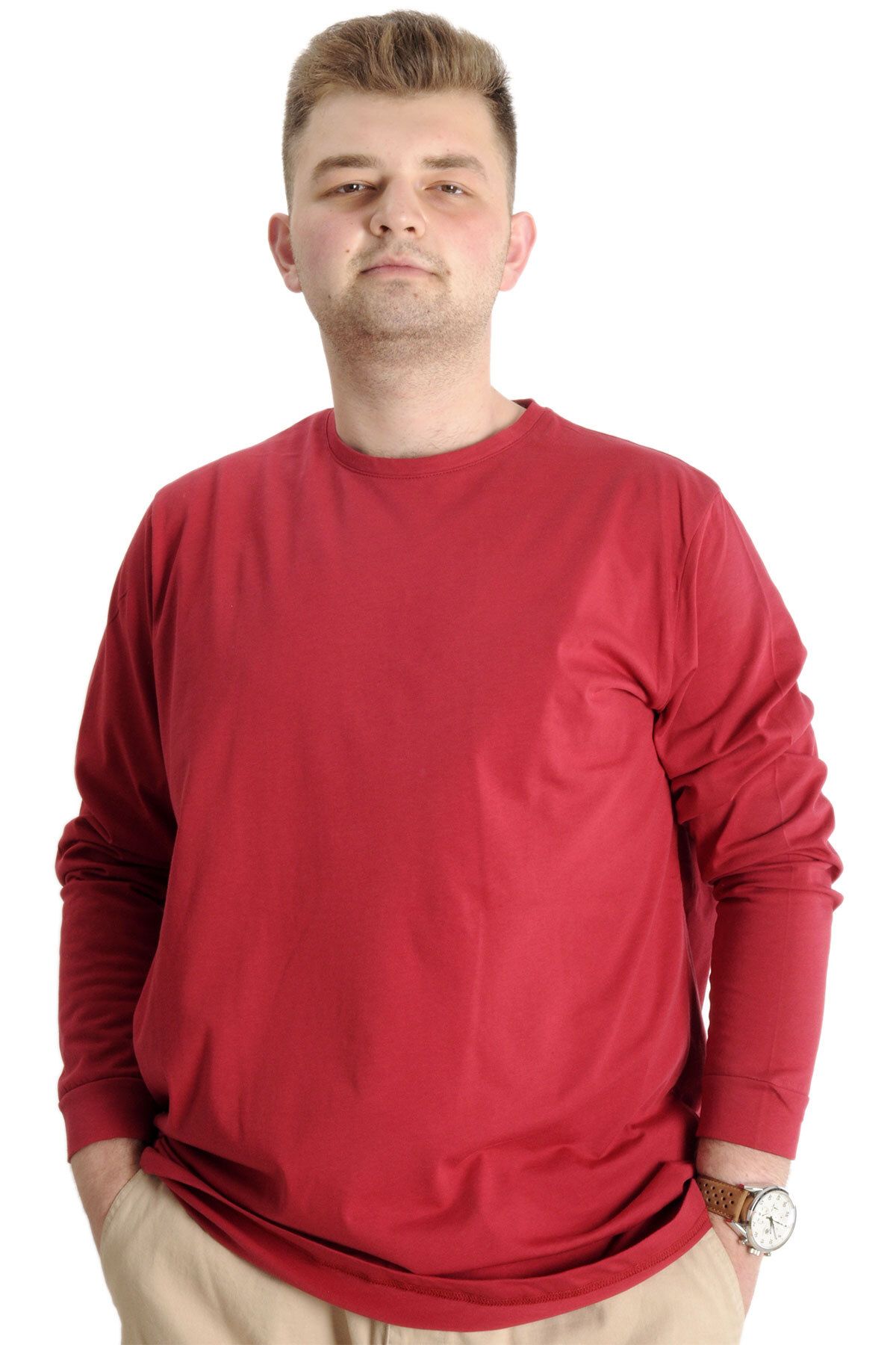 Modexl Mode XL Büyük Beden Erkek Tshirt Uzun Kol Manşetli 20103 Bordo