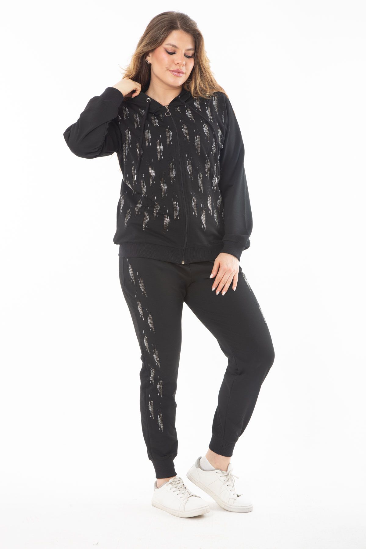 Şans Kadın Büyük Beden Siyah Taş Detaylı Ön Fermuarlı Kapşonlu Sweatshirt Pantolon İkili Takım 65N37285