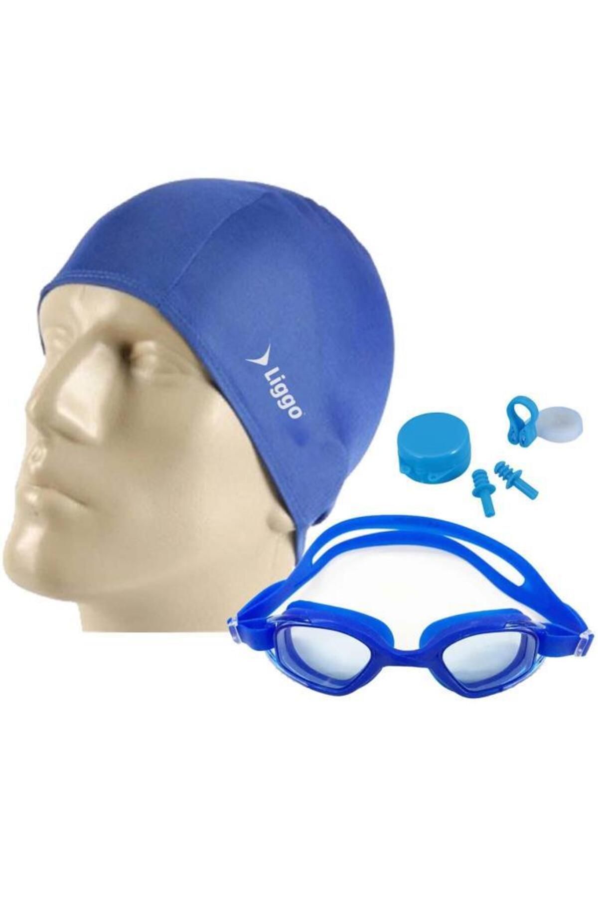 Liggo Yüzücü Gözlüğü Havuz Gözlüğü Likralı Bez Bone Tıkaç Seti Gs3