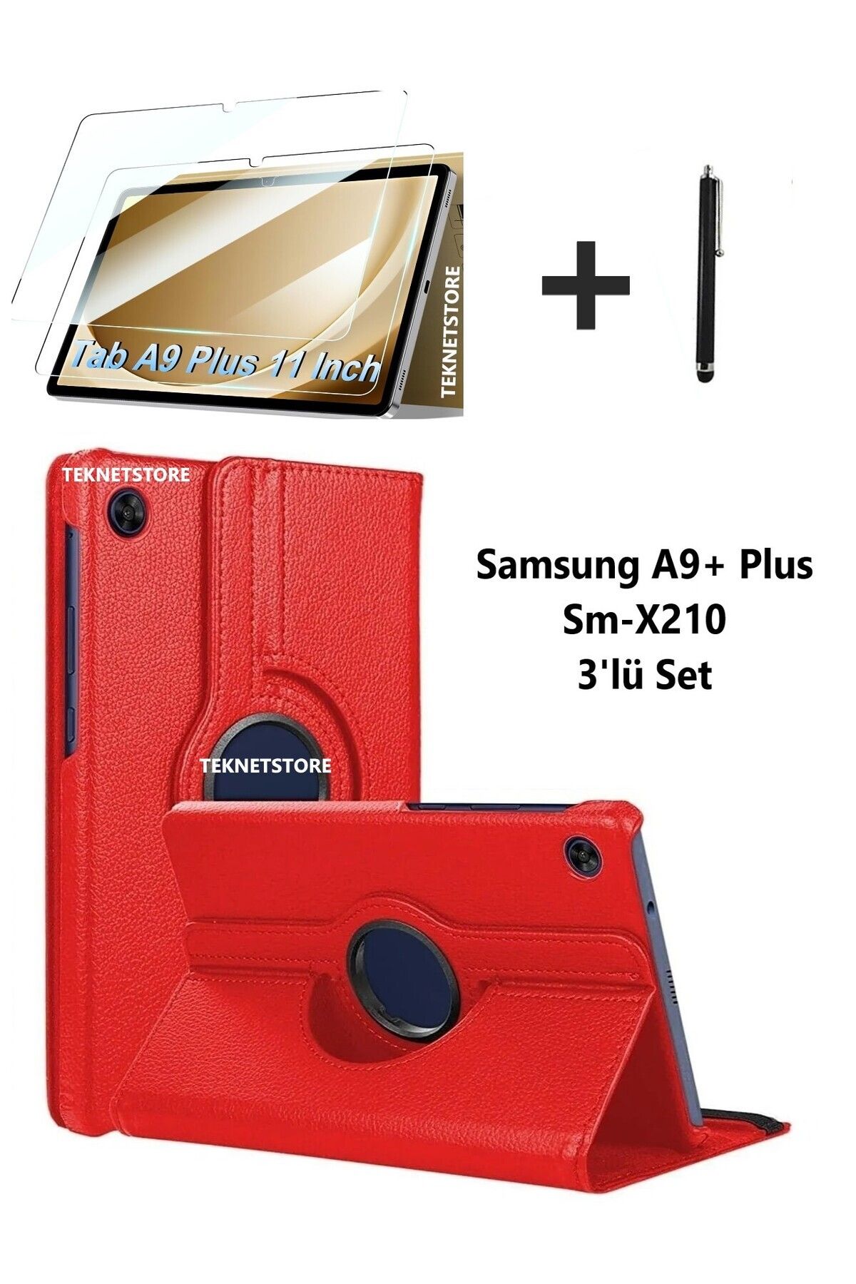 TEKNETSTORE Samsung Galaxy Tab A9+ Plus 11 Inç Tablet Uyumlu 360 Döner Pu Deri Kılıf Seti Sm-x210