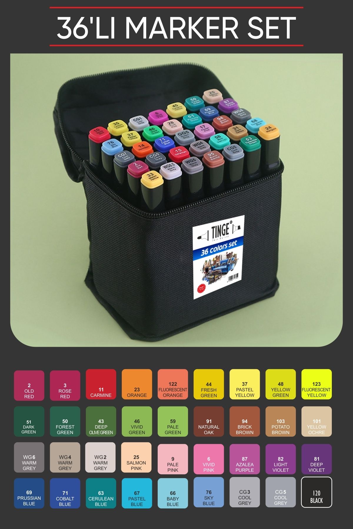 Tinge Marker Kalem - 36'lı Karma Renk Seti Çanta Hediyeli