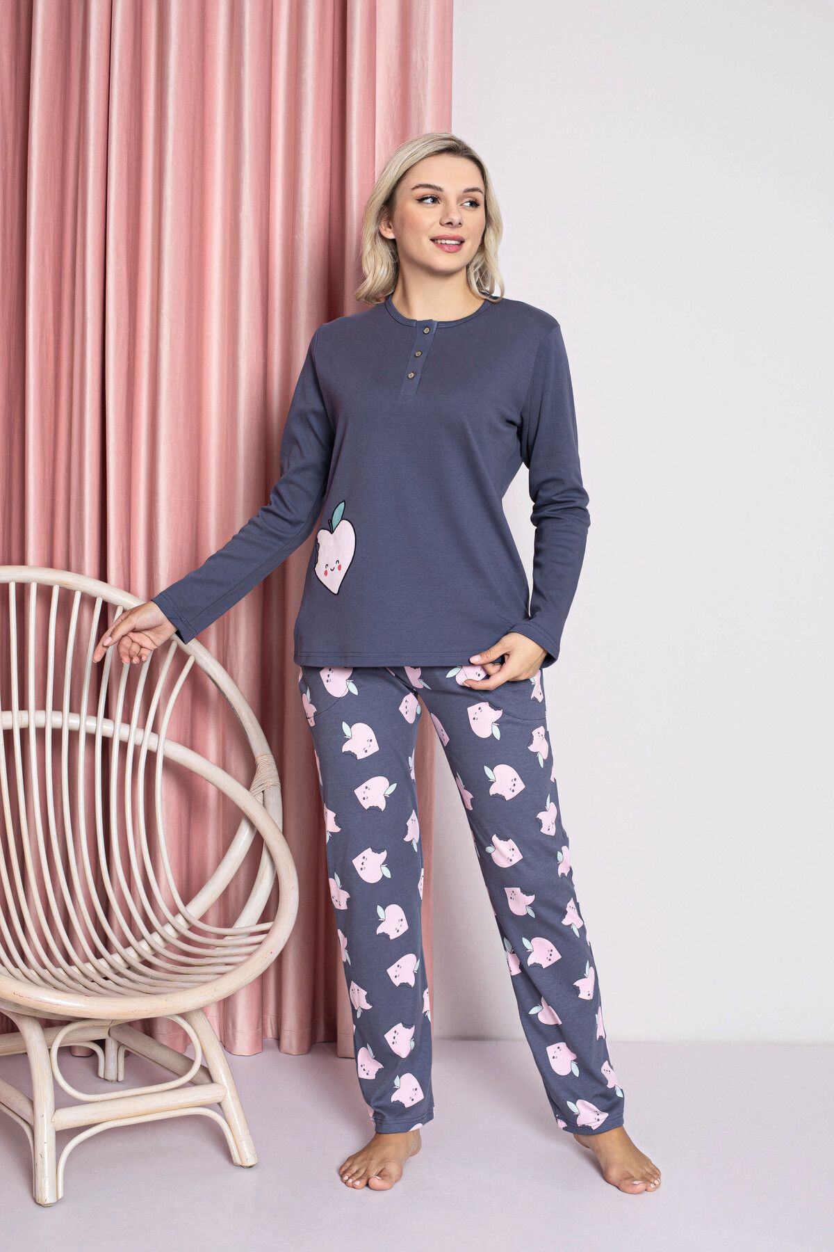 AHENGİM Woman Kadın Pijama Takımı Genç Interlok Elma Desenli Pamuklu Mevsimlik W20472254