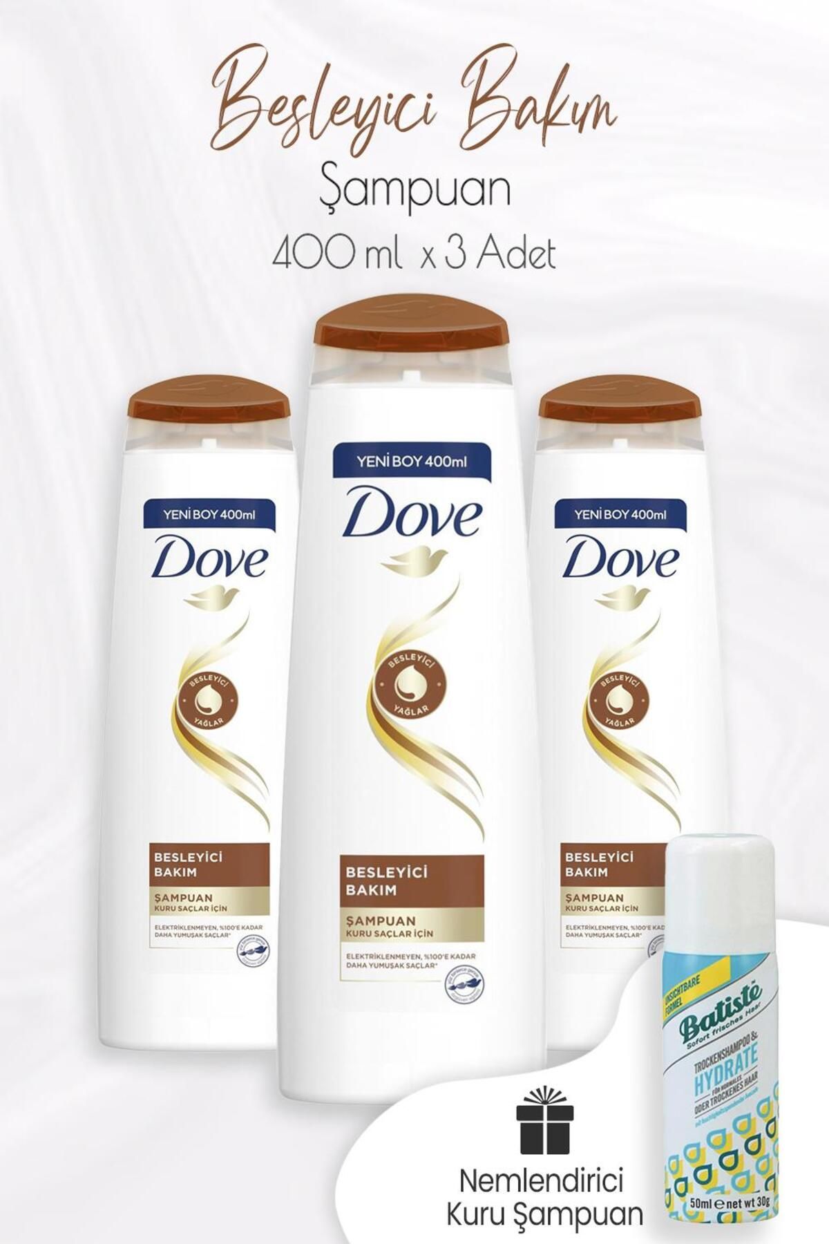Dove Besleyici Bakım Şampuanı Kuru Saçlar 400 ml X 3 Adet Ve Kuru Şampuan 50 ml