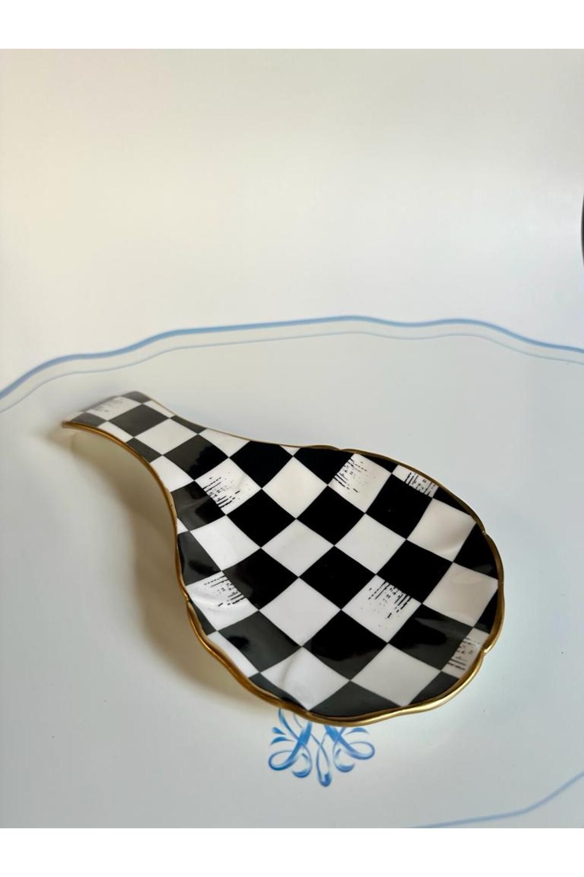 GÜRCÜGLASS Damalı model Porselen Tezgah Üstü Kepçe Ve Kaşık Altlığı 24x12 cm