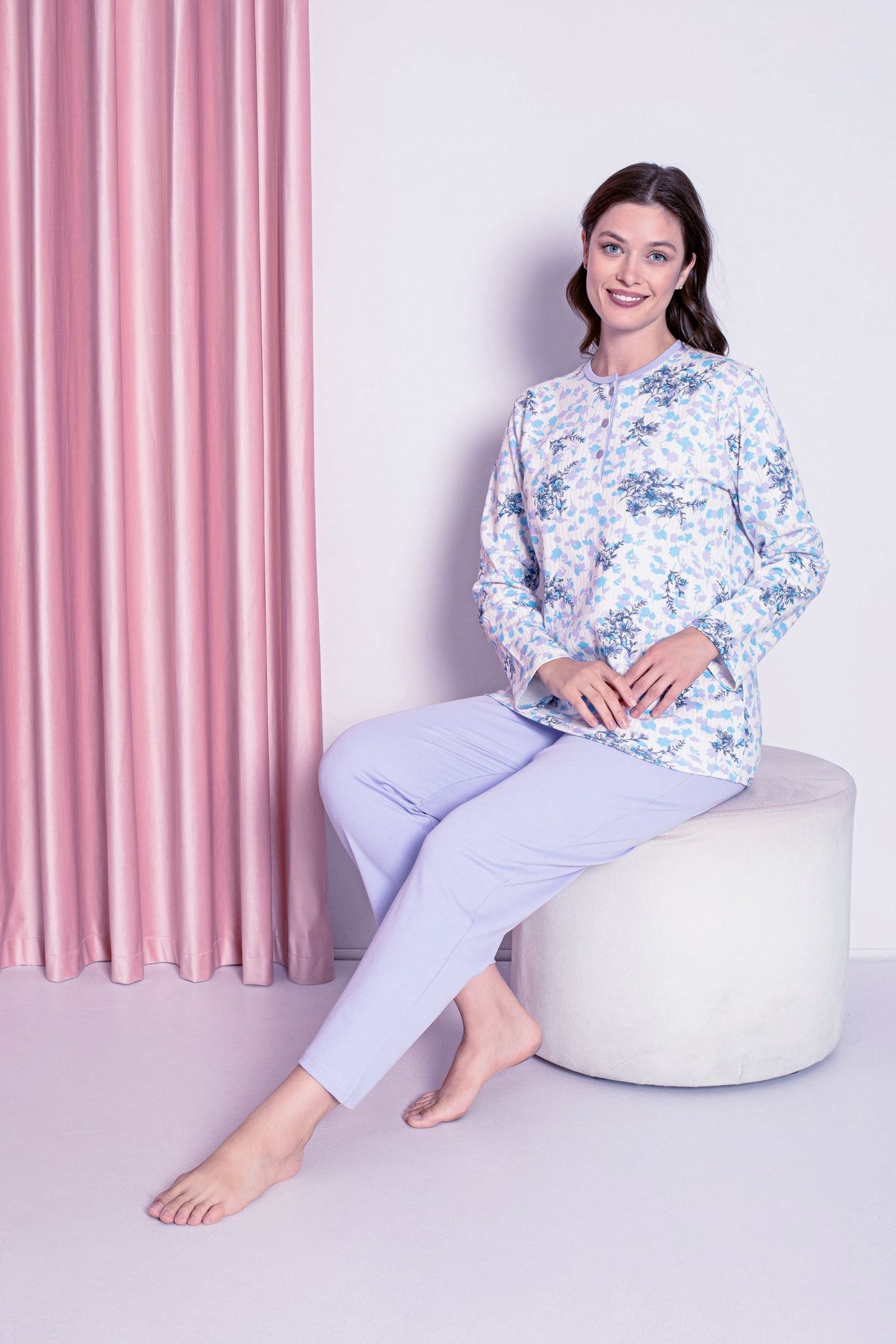 AHENGİM Woman Kadın Pijama Takımı Anne Interlok Üç Düğmeli Üst Çiçek Desen Pamuklu Mevsimlik W30032258