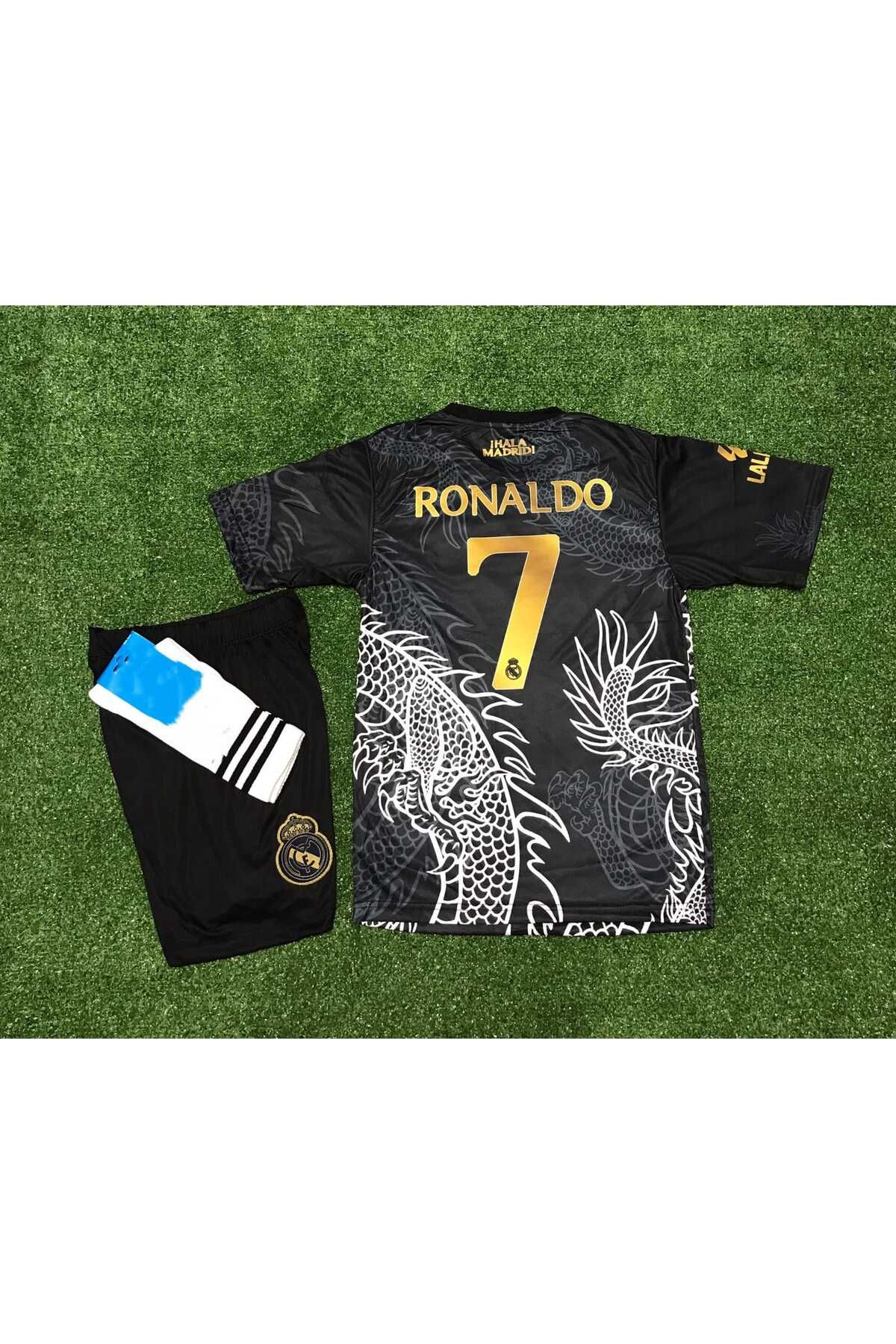 BYSPORTAKUS Real Madrid 2023/24 Dragon (EJDERHA) Desenli Cristiano Ronaldo Forması Şort Çorap 3'lü Set (BLACK)