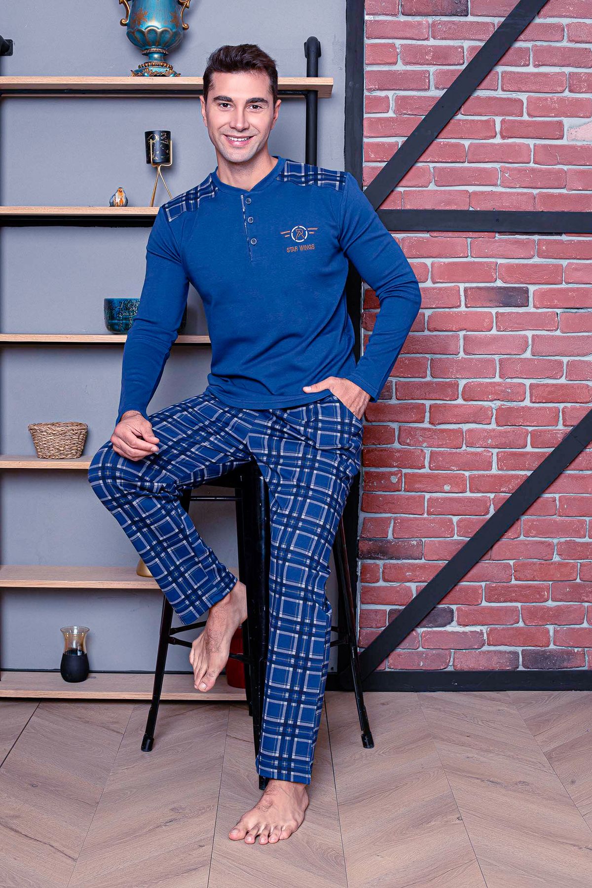 AHENGİM Man Erkek Pijama Takımı Interlok Omuz Parçalı Ekoseli Pamuklu Mevsimlik M70092271