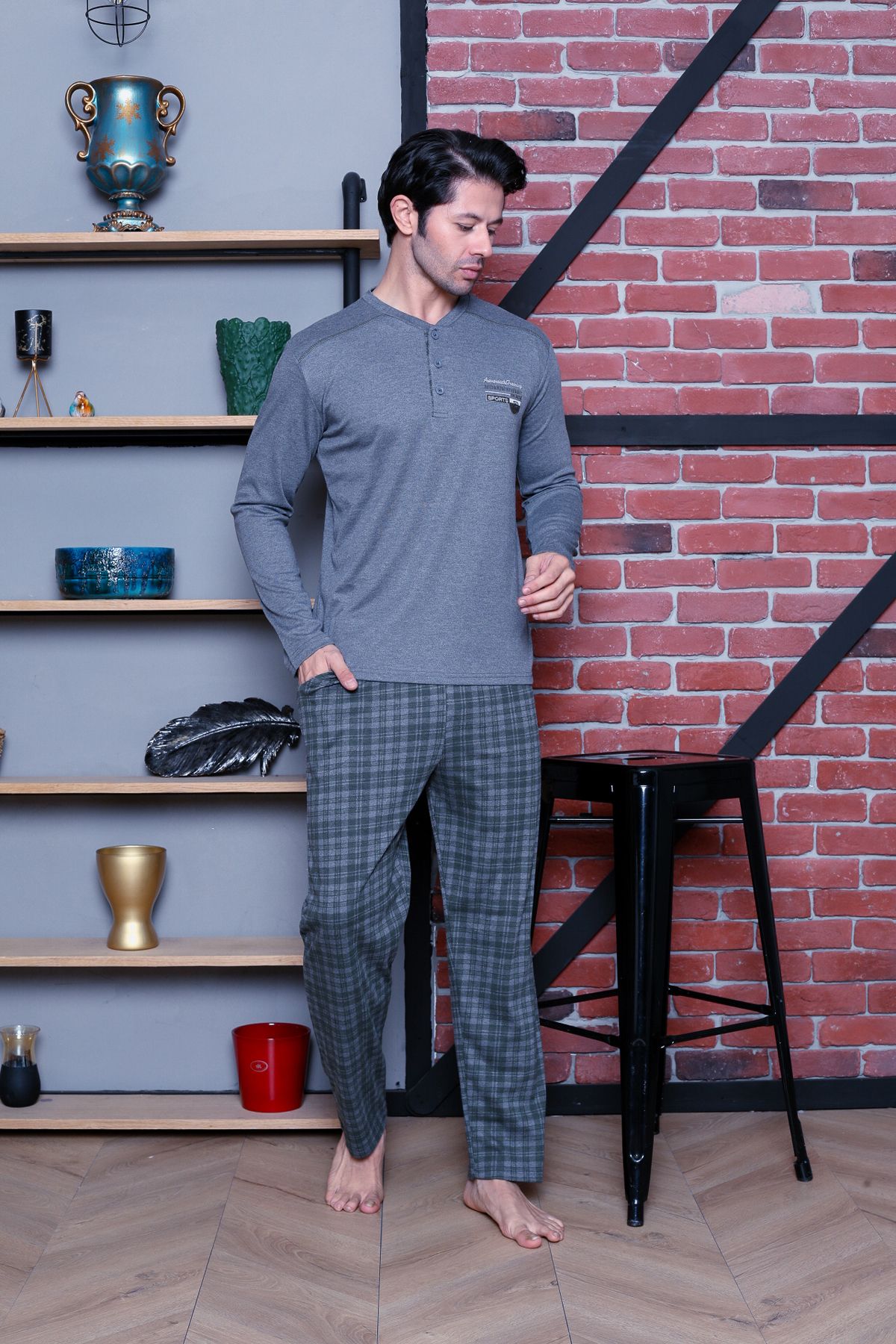 AHENGİM Erkek Pijama Takımı Interlok Omuz Parçalı Altı Ekoseli Pamuklu Mevsimlik M70112273