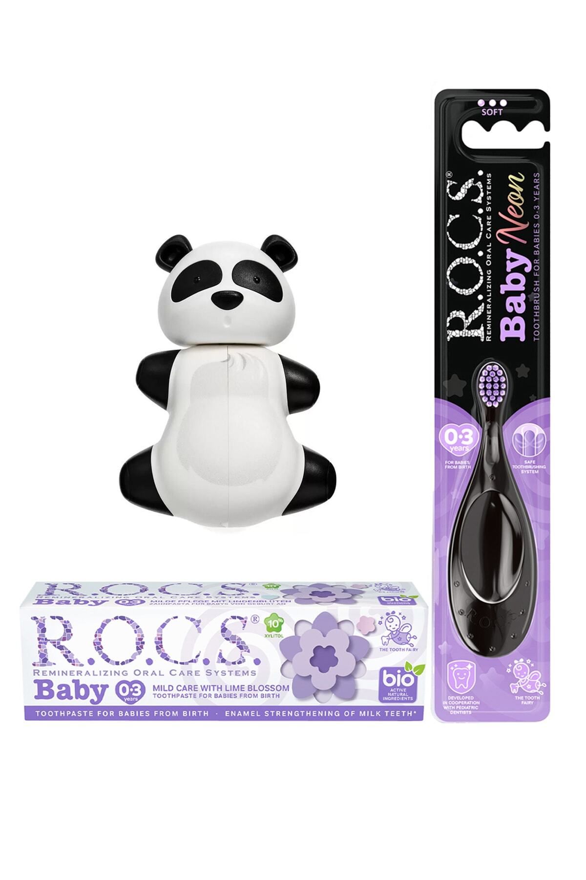 R.O.C.S. Baby Neon Komple Ağız Bakım Seti - Ihlamur Macun + Neon Fırçası Mor+panda Saklama Kabı