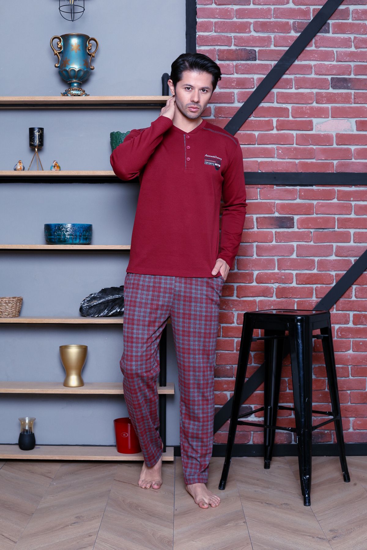 AHENGİM Man Erkek Pijama Takımı Interlok Omuz Parçalı Altı Ekoseli Pamuklu Mevsimlik M70112273