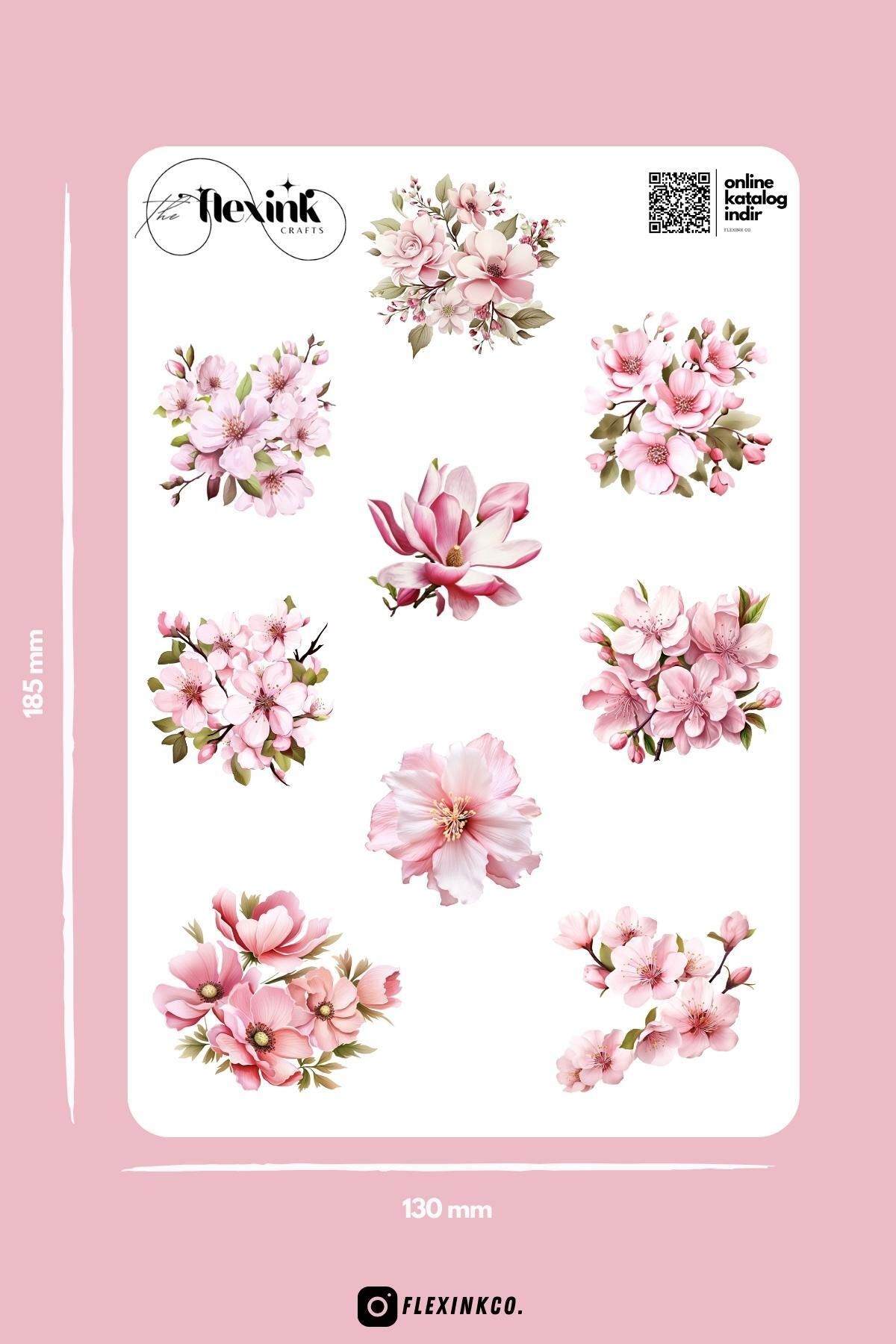 Flexink Co Pembe Çiçekler Temalı Parlak Sticker Seti Scrapbook Ajanda Journal Bullet Planner Telefon