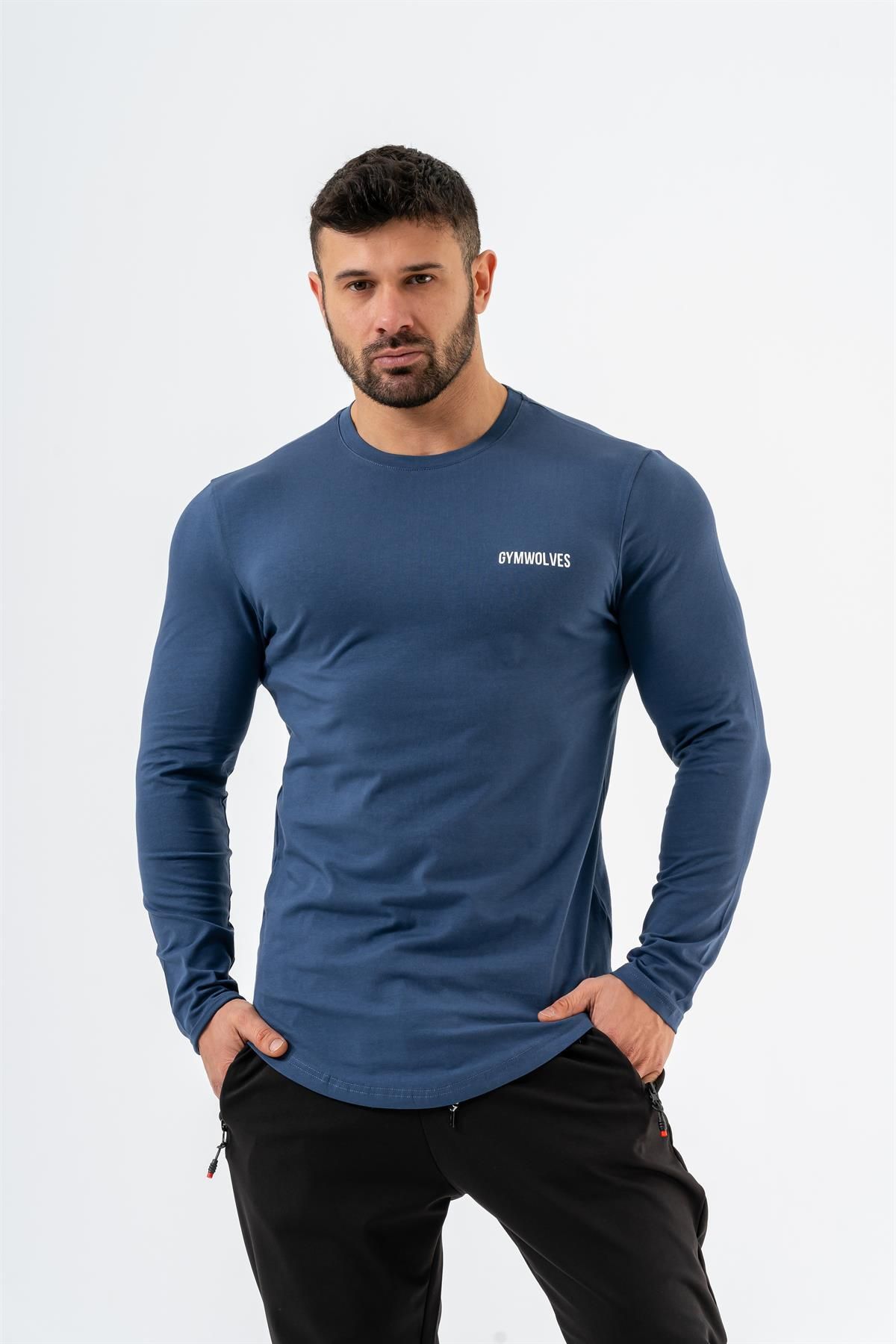 Gymwolves Erkek Spor Body | Indigo | Uzun Kollu Spor T-shirt | Basic Serisi |