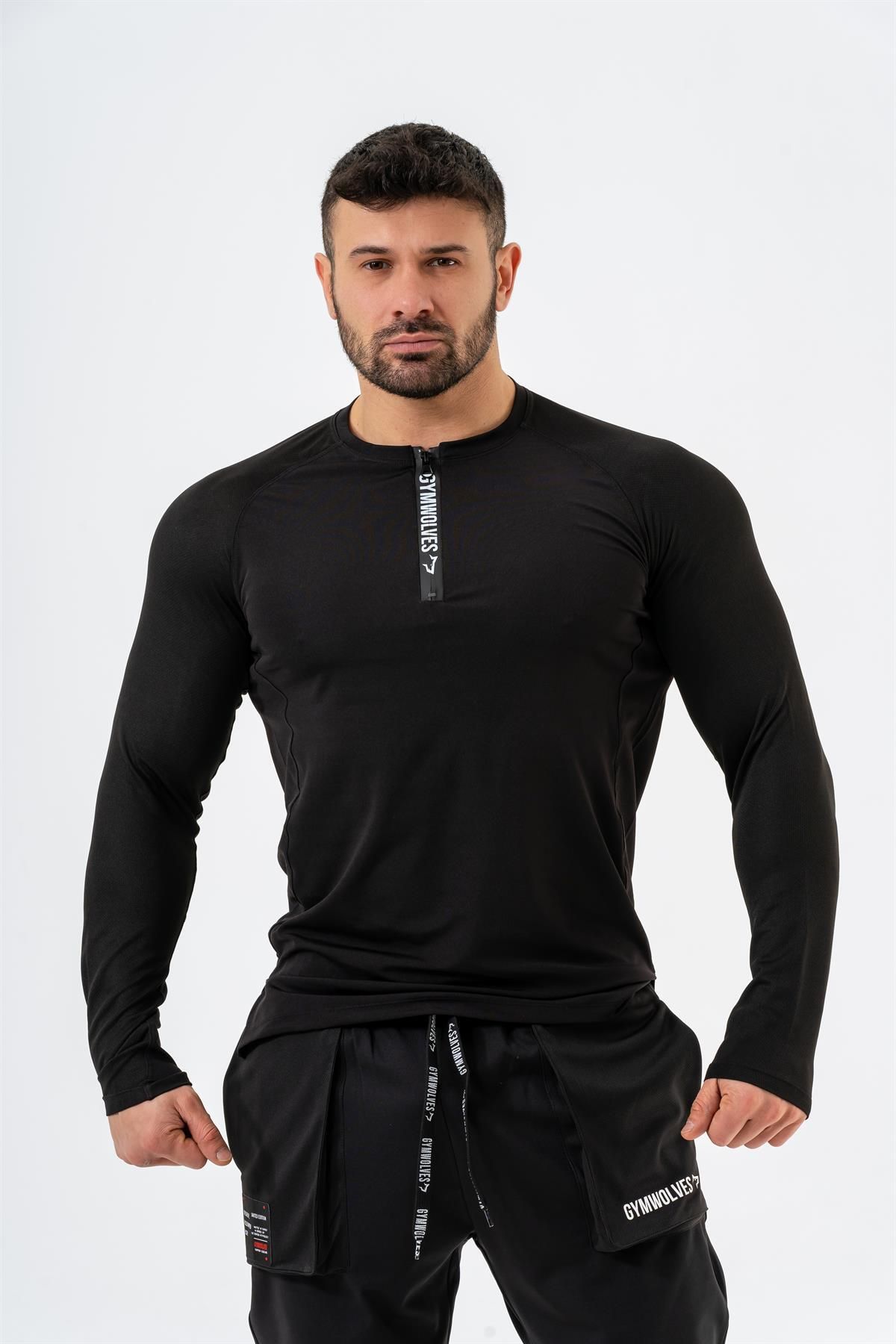 Gymwolves Erkek Spor Body | Siyah | Uzun Kollu Spor T-shirt | Airpro Serisi |