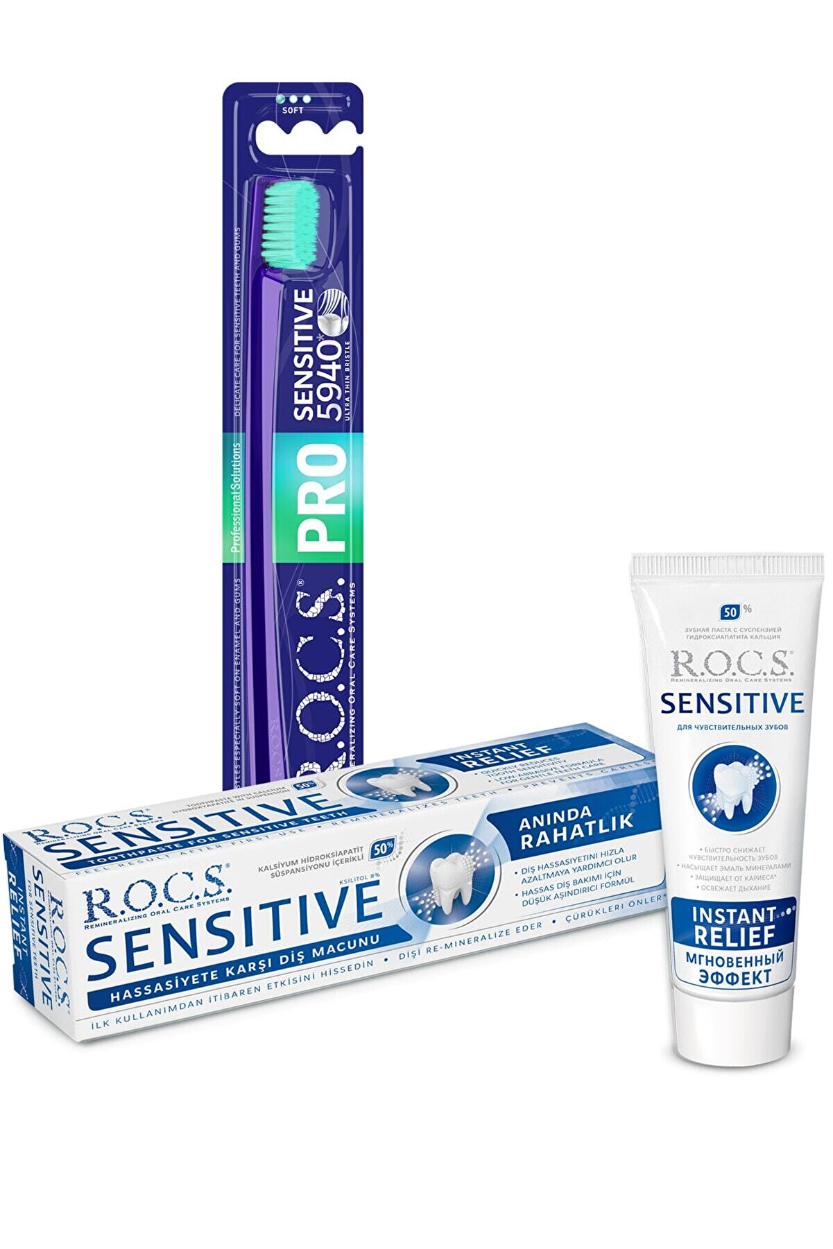 R.O.C.S. Rocs Sensitive Instant Relief - Anında Ferahlık Florürsüz Diş Macunu 5940 Senitiv Fırça Seti Yeşil