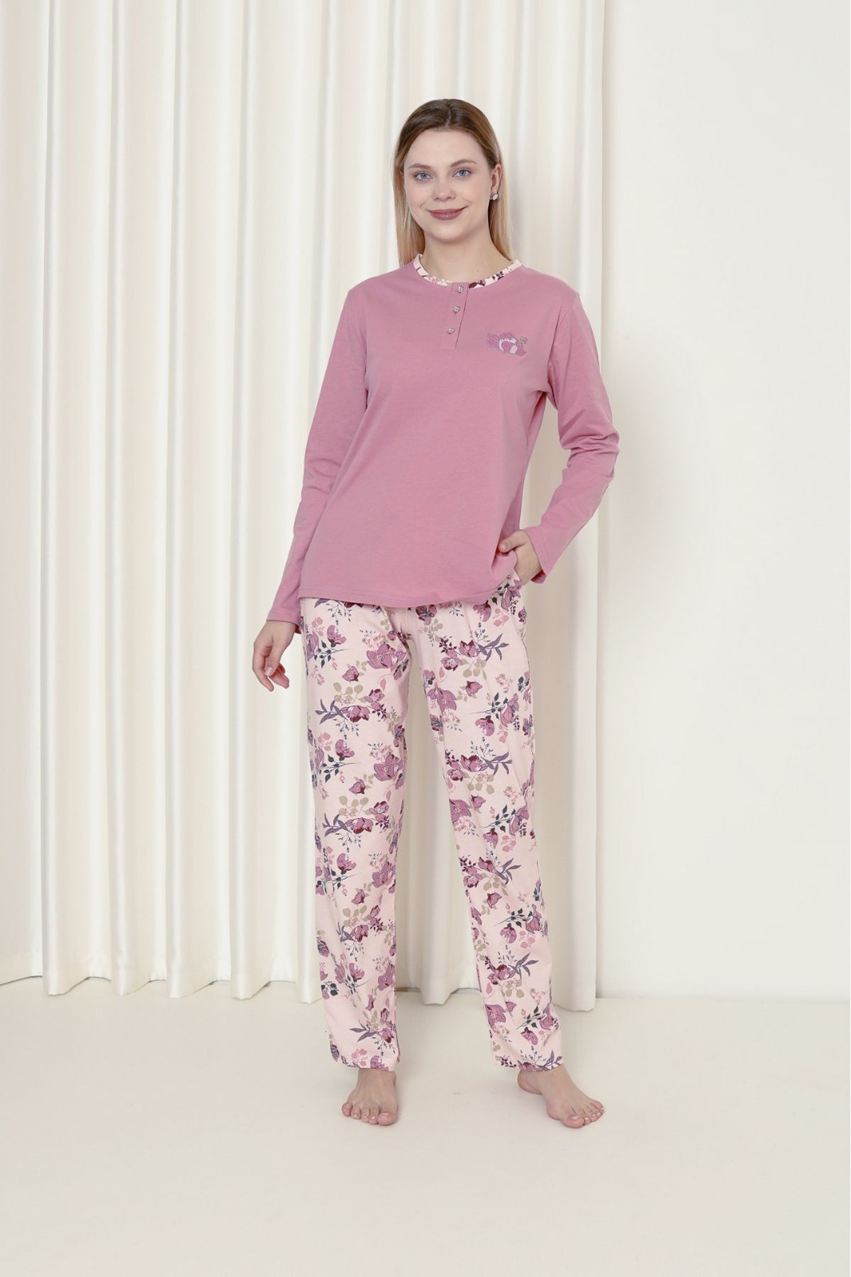 AHENGİM Woman Kadın Pijama Takımı Süprem Uzun Kol Çiçekli Pamuklu Mevsimlik W20242241