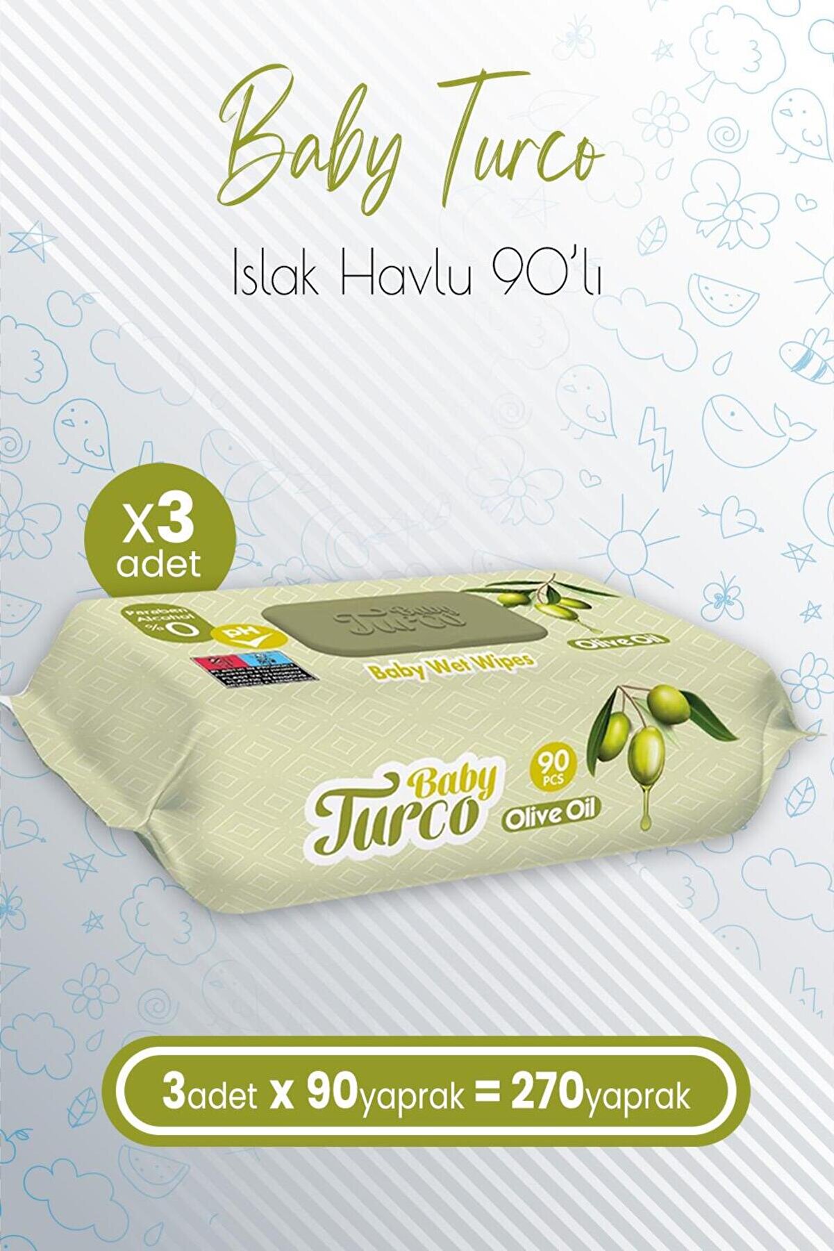 Baby Turco Bebek Islak Havlu Olive Oil 90' Lı X 3 Adet (270 YAPRAK)