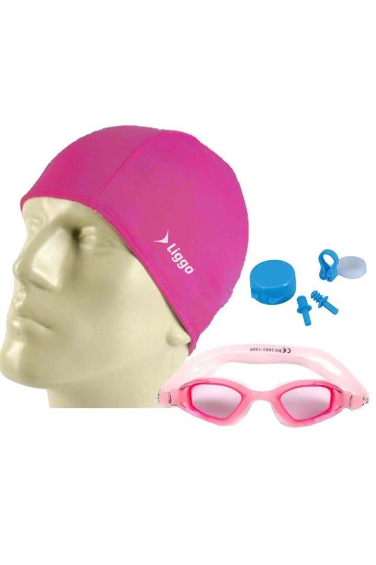 Liggo Yüzücü Gözlüğü Havuz Gözlüğü Likralı Bez Bone Tıkaç Seti Gs3