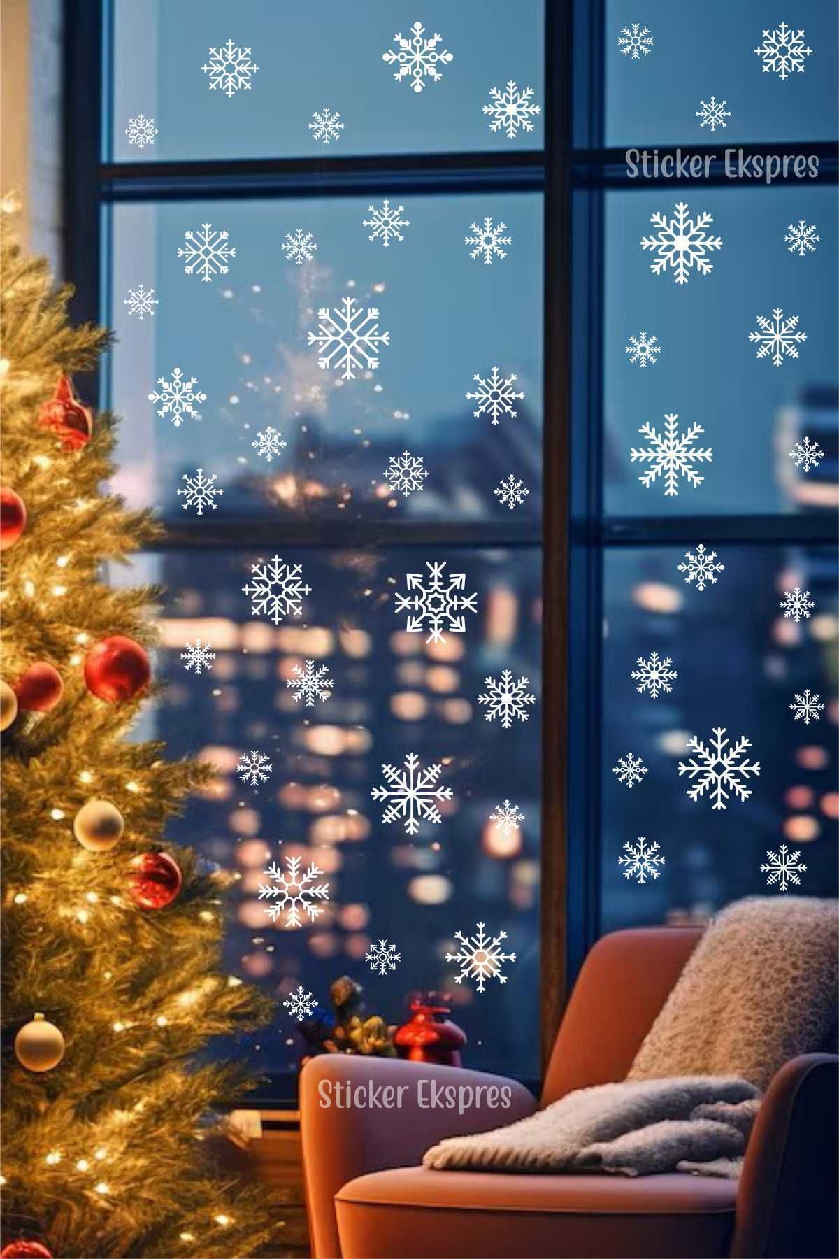 Sticker Ekspres Kar Taneleri Sticker Seti - Yılbaşı Yeni Yıl Kış Cam Kapı Duvar Etiketi