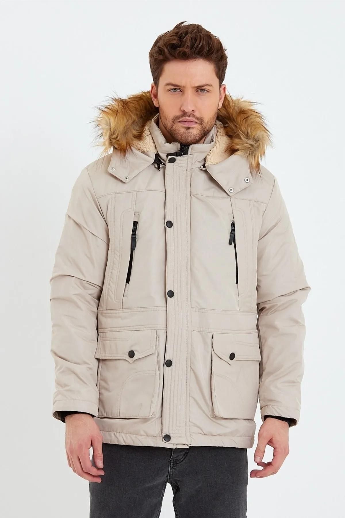 Wild Flower Kışlık Erkek Parka Mont - Kapüşonlu Kalın Kışlık Polar Astarlı Cepli Parka Mont