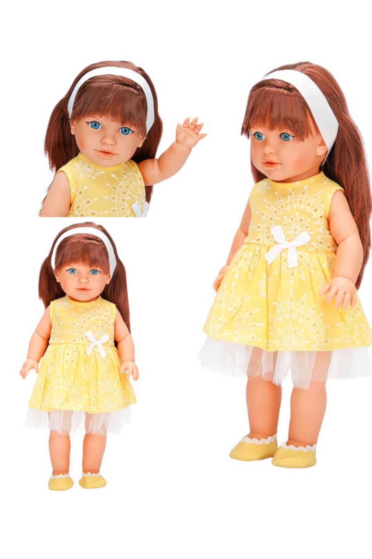 BYCEGU 45 Cm Uzunluğunda Şık Sarı Elbiseli Mavi Gözlü Party Eğlence Oyuncak Bebek Seti