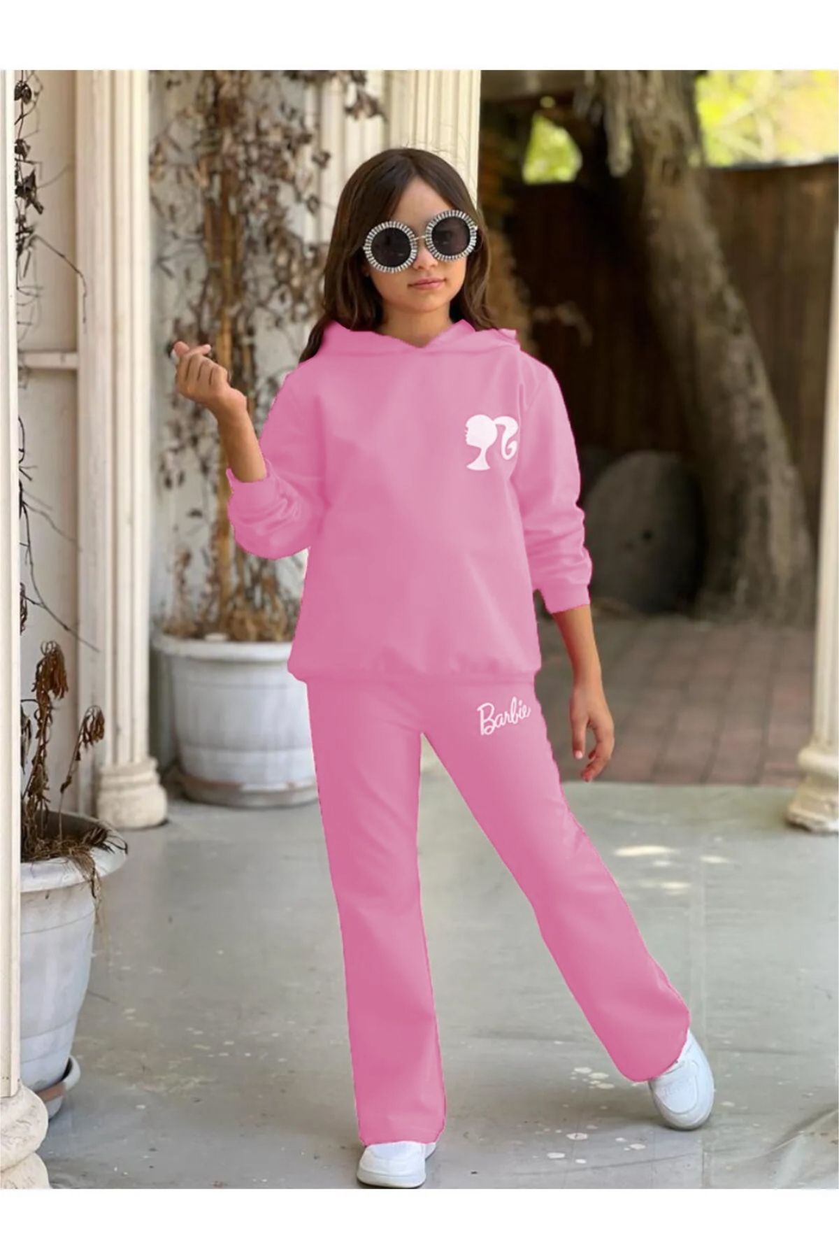 MANCY Kids-Çoçuk 'Beyaz-Barbie' Detay Baskılı Kapüşonlu Alt-Üst Eşofman Takım