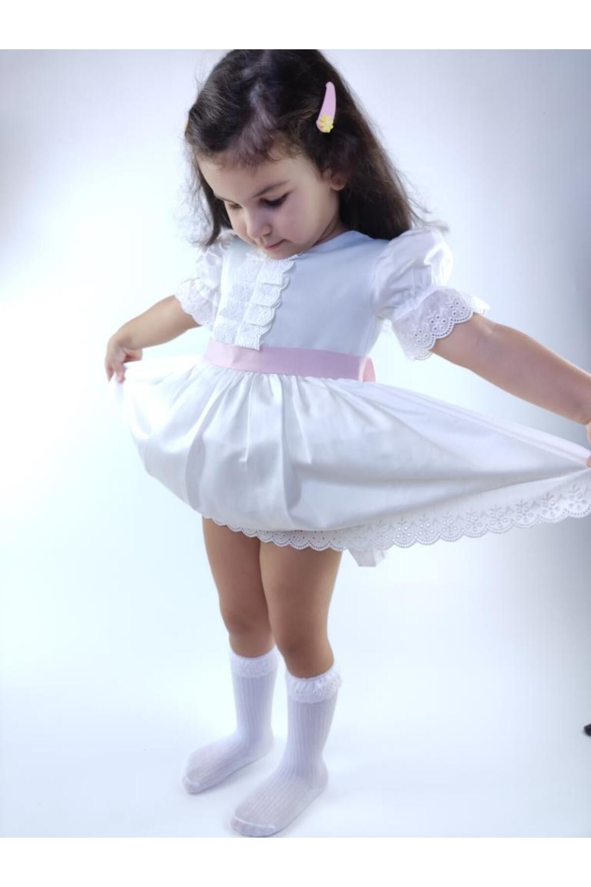 wmını Pamuk Saten Beyaz Prenses Elbise - Kız Çocuk Doğum Günü Elbisesi Id:163