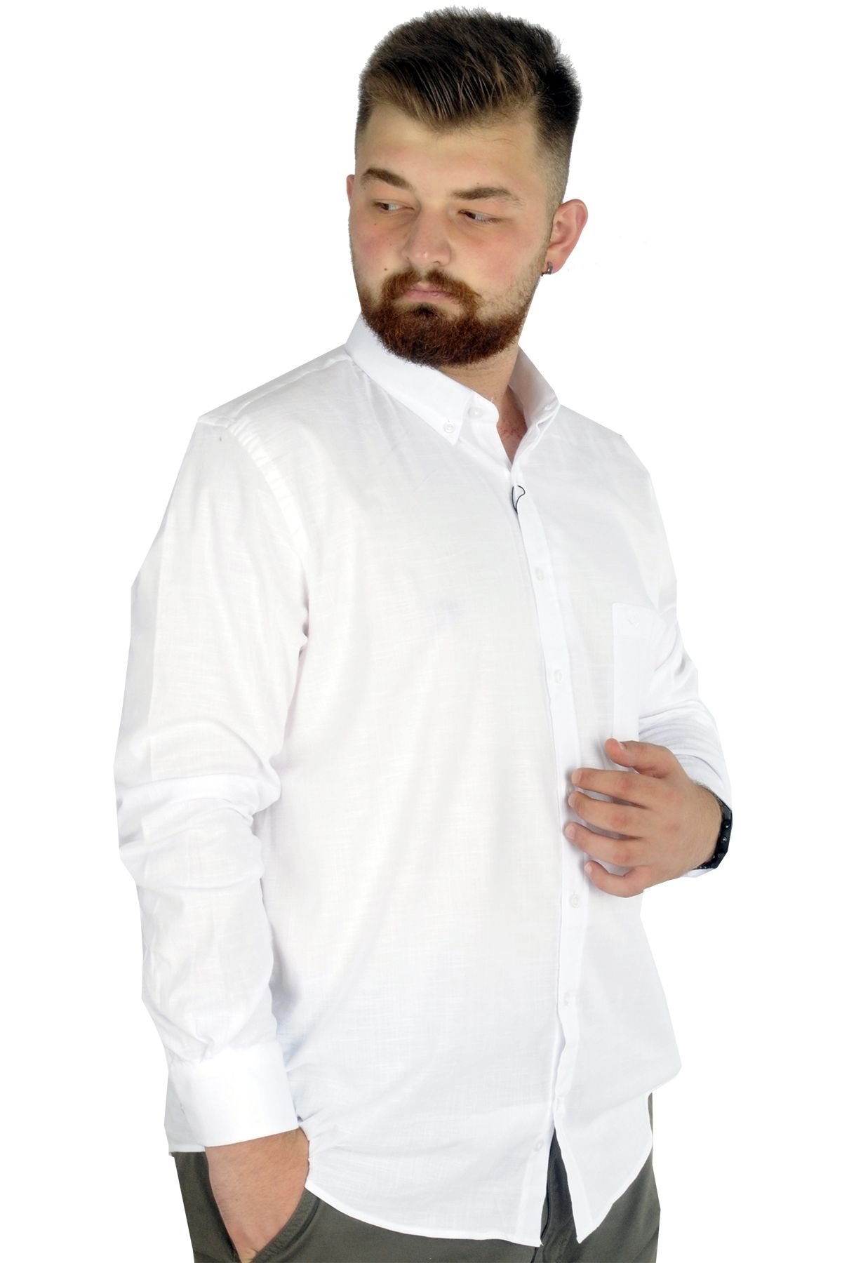 Modexl Mode Xl Büyük Beden Erkek Keten Cepli Gömlek 20386 Beyaz