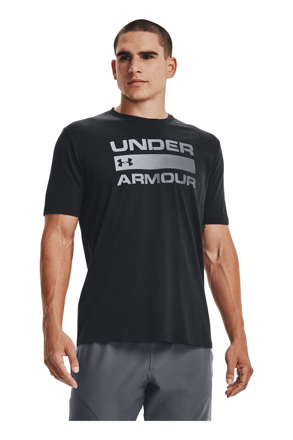 Under Armour O Yaka Düz Siyah - Gri Erkek T-Shirt 1329582-UA TEAM ISSUE WORDMARK SS
