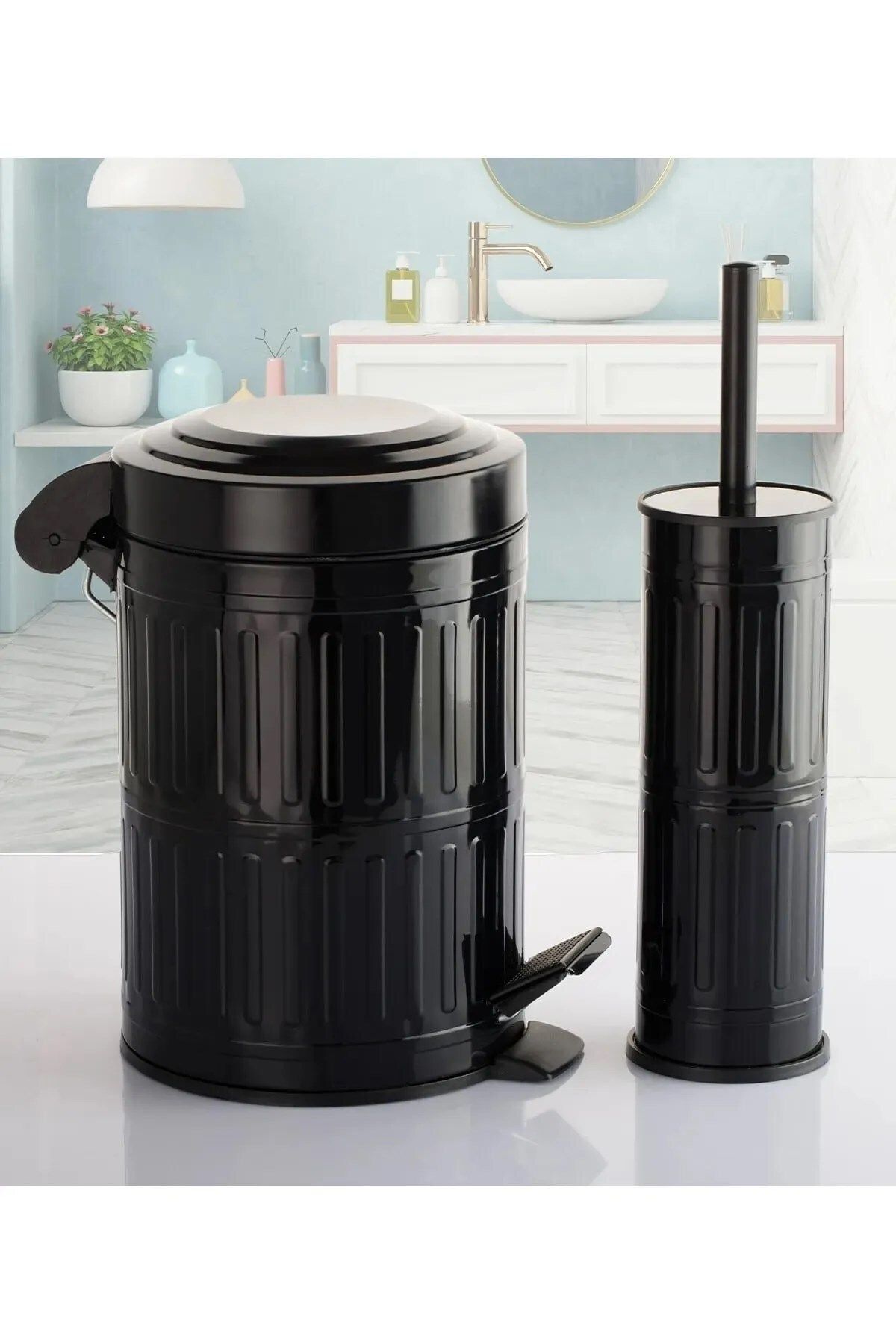 Sas Haus Pedallı Çöp Kovası Tuvalet Wc Fırçası Banyo Çöp Kovası 2'li Banyo Seti 5 Litre Siyah Vintage