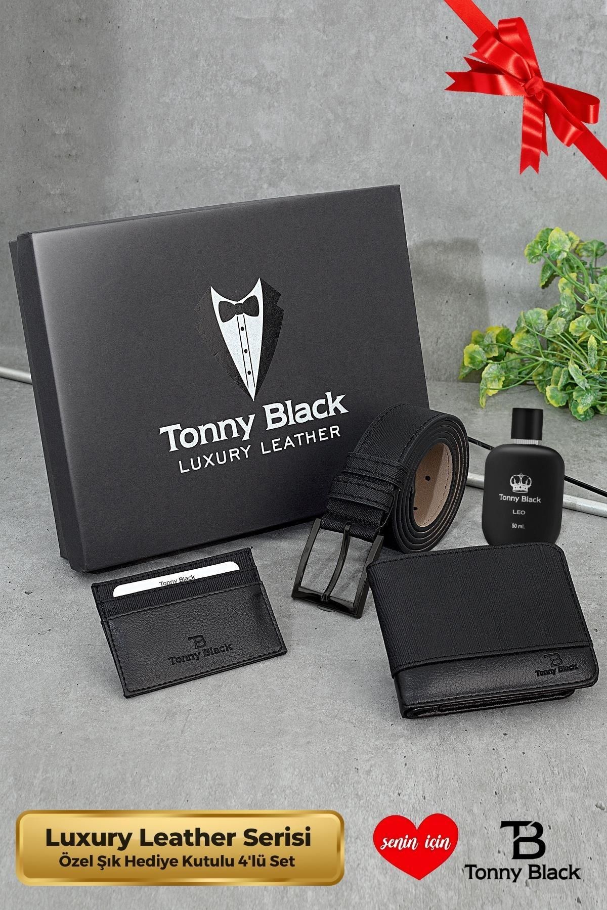 Tonny Black Orijinal Erkek 4'lü Hediye Kutulu Luxury Serisi Damat Hediyelik Deri Kemer Cüzdan Kartlık Parfüm Set