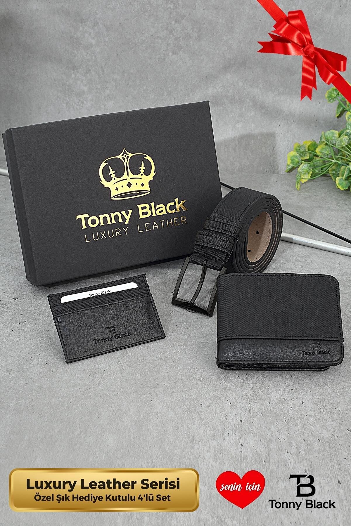 Tonny Black Orijinal Erkek 3'lü Özel Hediye Kutulu Luxury Damat Hediyelik Şık Deri Kemer Cüzdan Ve Kartlık Seti