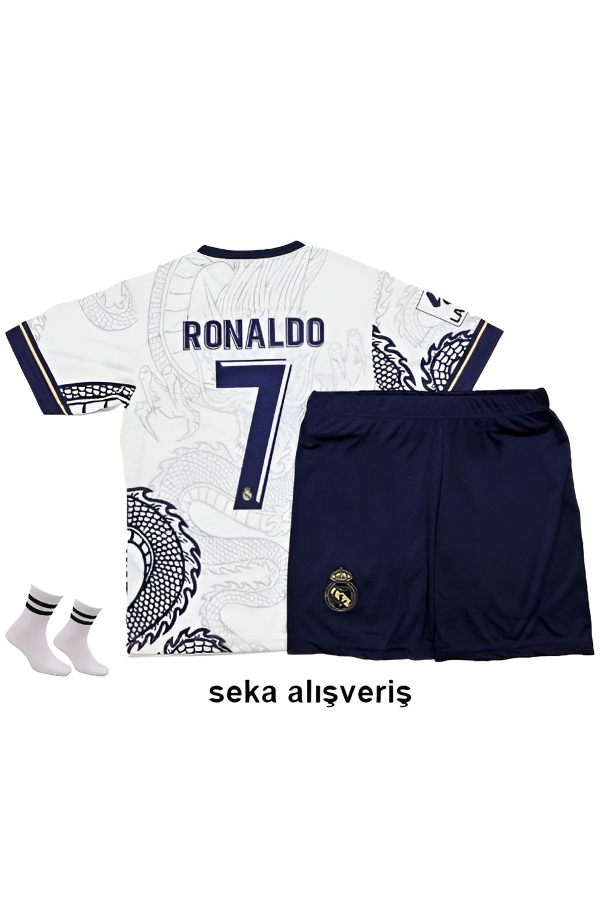 Seka Alışveriş Ronaldo Beyaz Real Madrid Ejderha Motifli Çoçuk Forma Seti ( Forma,şort Ve Çorap )
