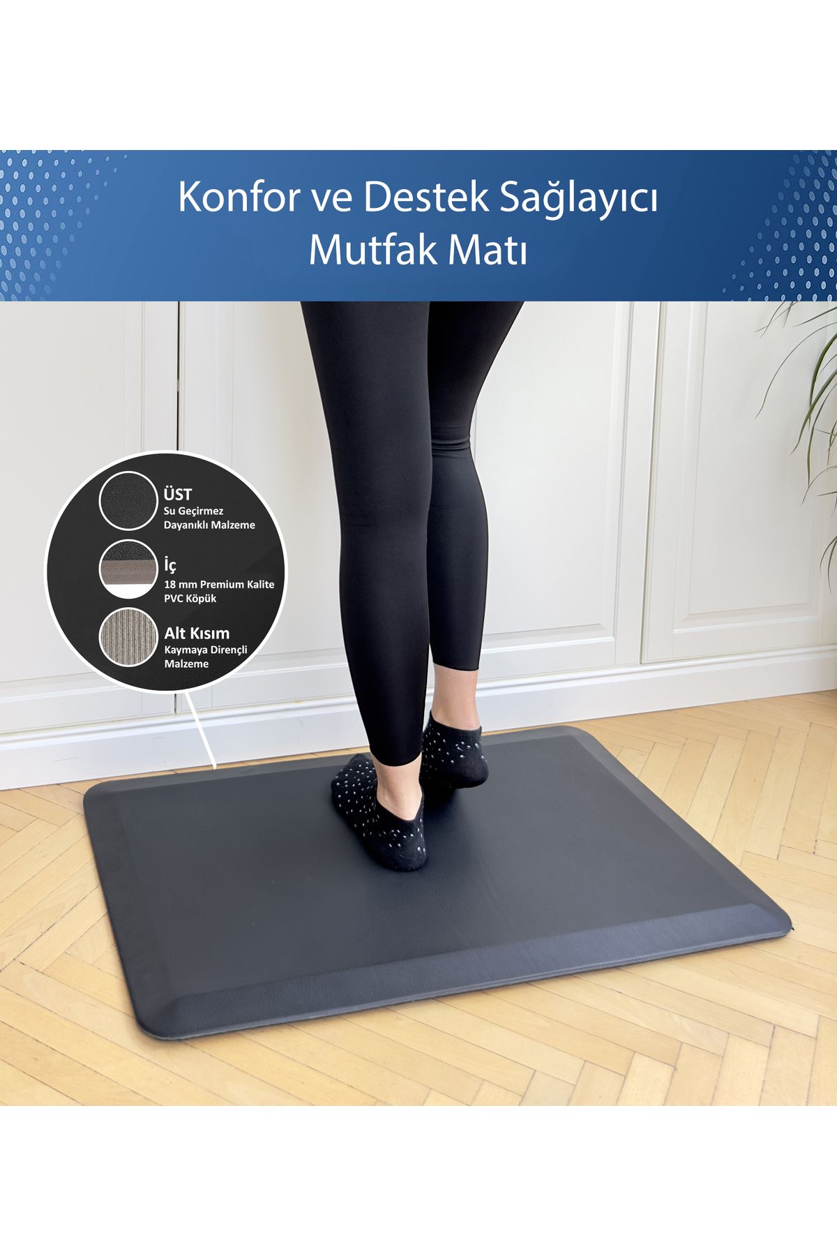 Orthopedymat Yorgunluk Önleyici Mat, Memory Foam Mutfak Halısı, Bacak ve Bel Destekli Mutfak Matı, Kaymaz Taban