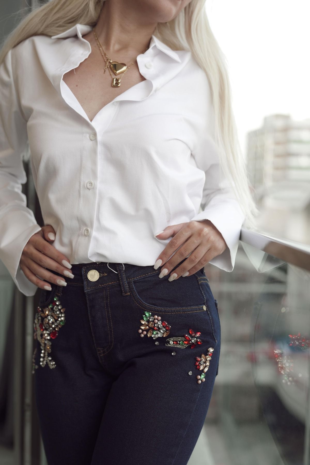Mi mariposa Kadın Taş İşlemeli Dar Paça Denim Jean Kot Tasarım Pantolon