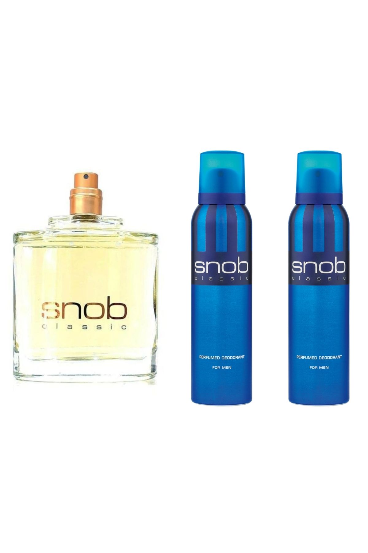 Snob Mavi Klasik Erkek Parfüm (Kutusuz Ve Kapaksız) 100ml Edt + 2 Adet 150 ml Snop Deodorant